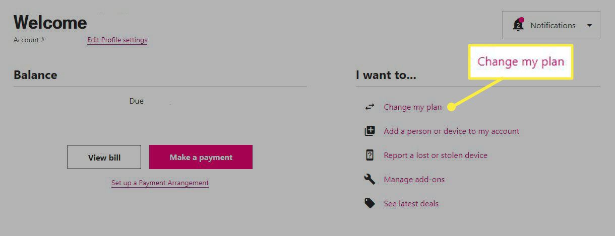 De knop Mijn abonnement wijzigen op de site van T-Mobile.