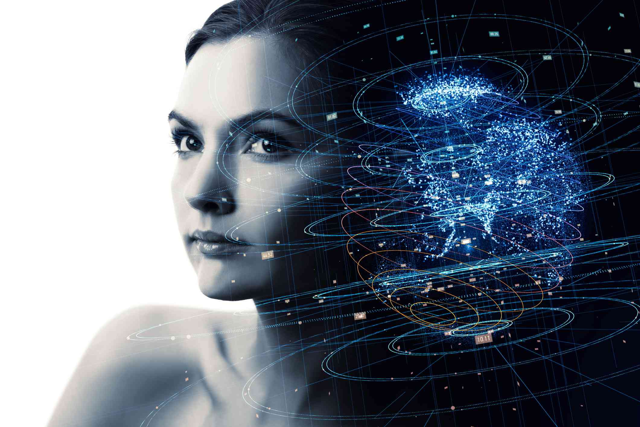 Een portret van een persoon met een overlay van een kunstmatige-intelligentieconcept erop. 