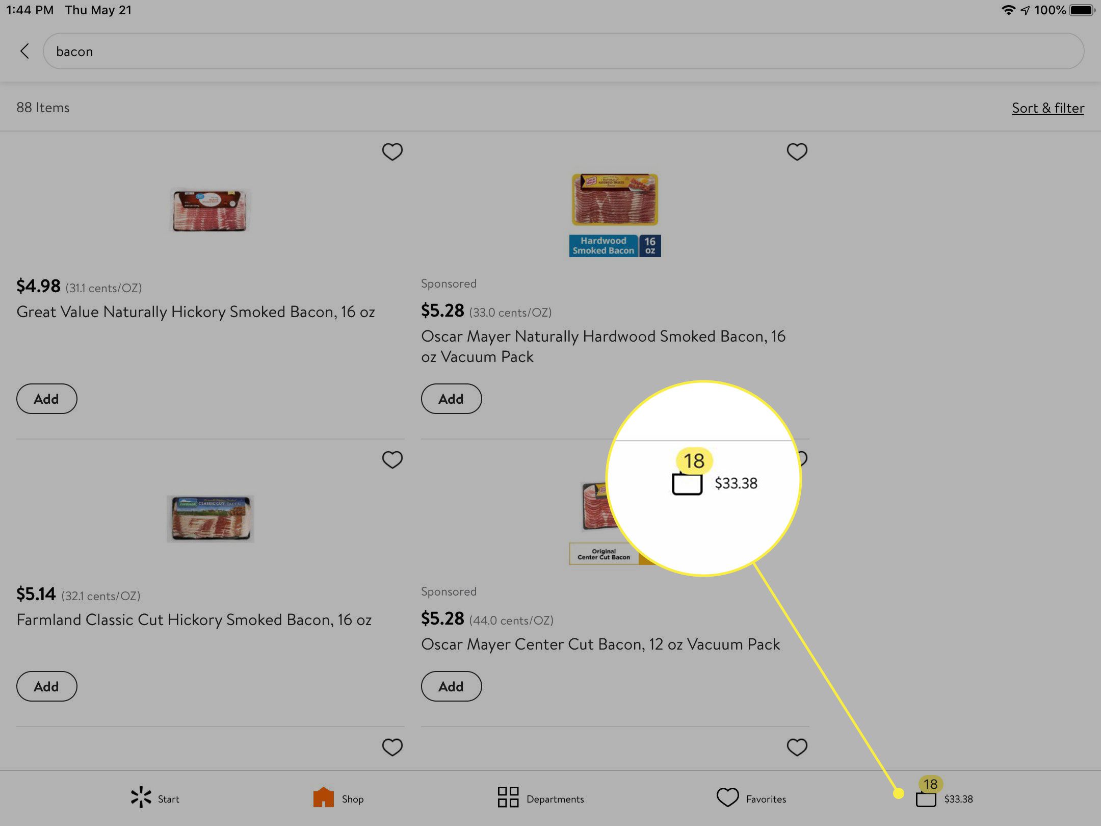 Het taspictogram in de Walmart-app