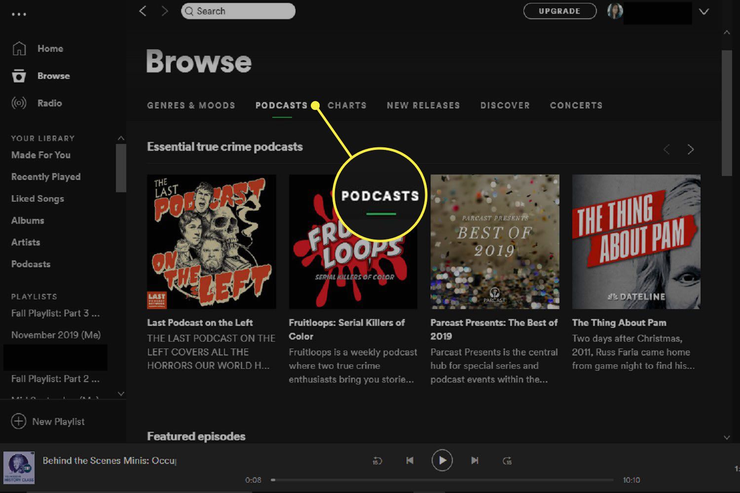 Podcasts-pagina onder Browse-venster in Spotify voor Windows.
