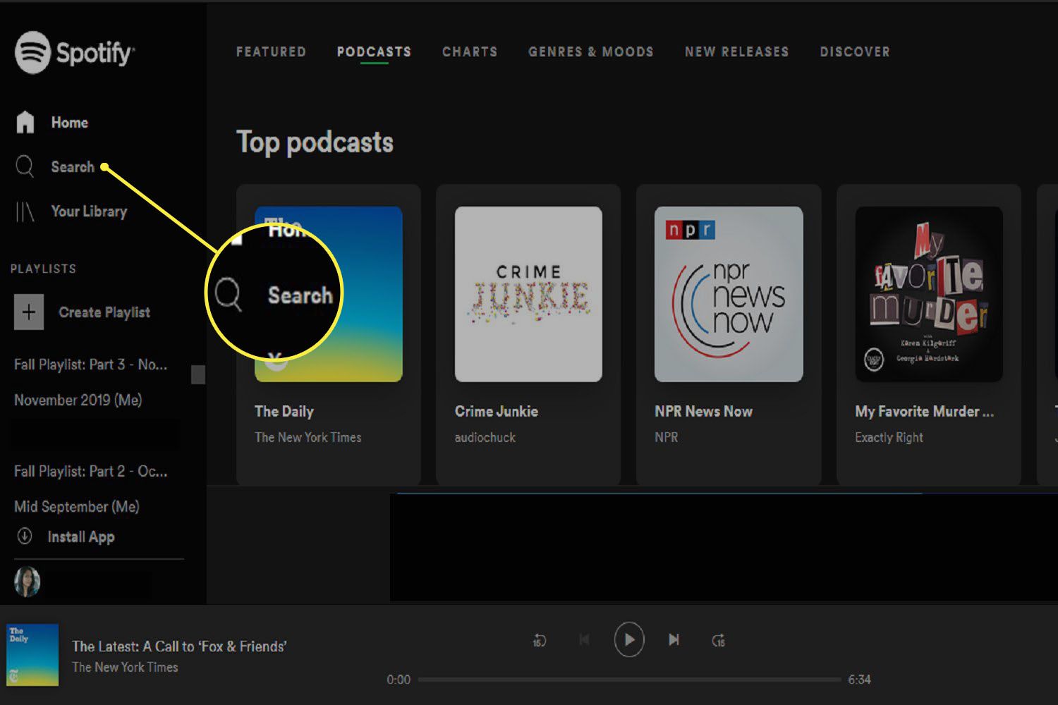 Podcasts-pagina op Spotify Web Player en zoekknop.