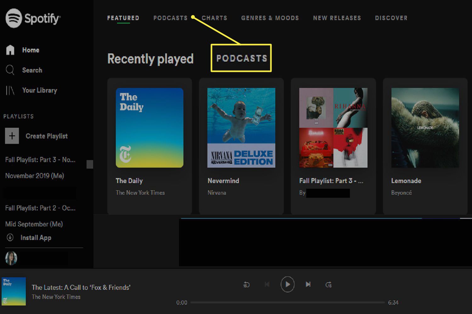 hoofddashboard van Spotify Web Player eenmaal ingelogd.