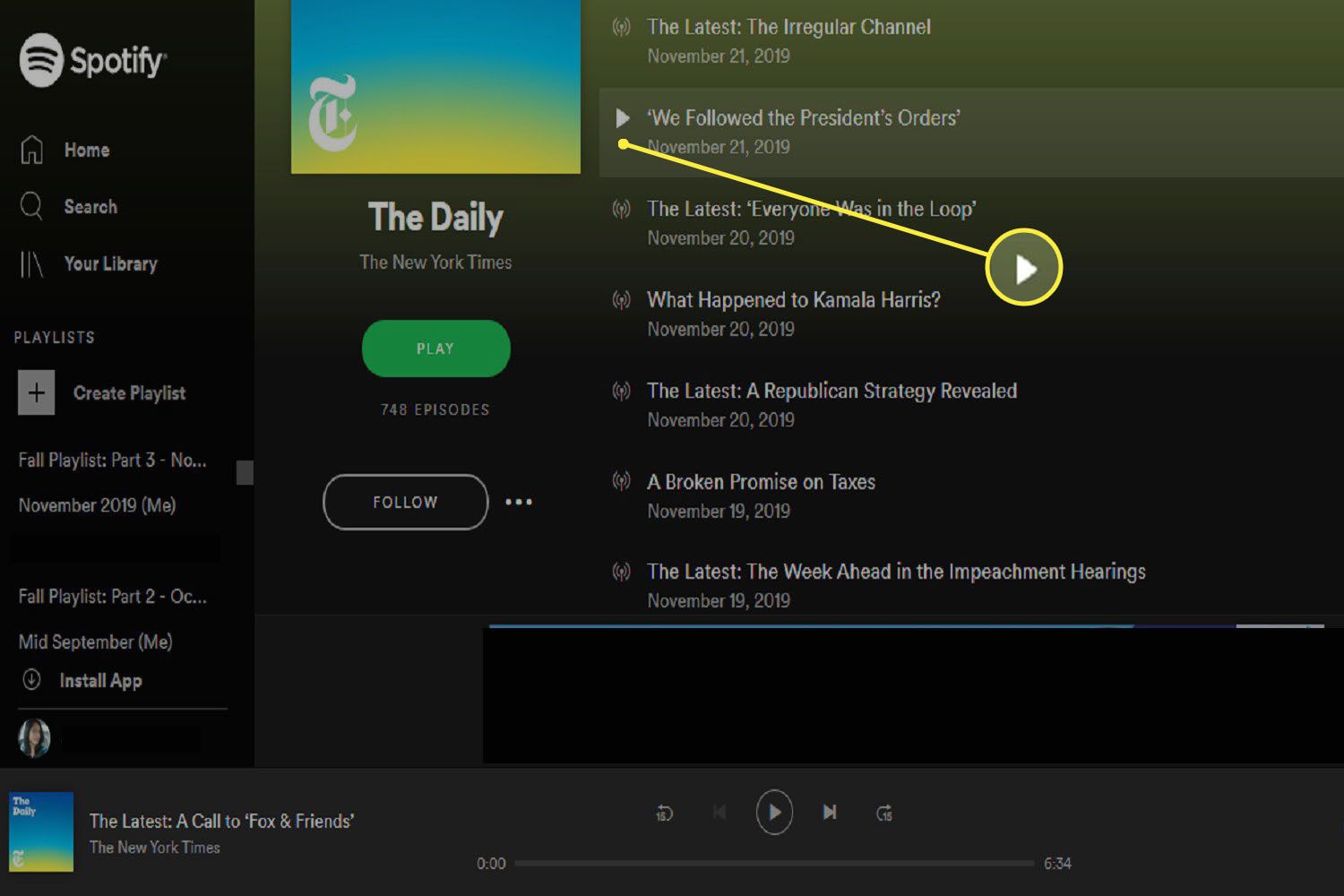 hoe u een specifieke podcastaflevering afspeelt op Spotify Web Player.