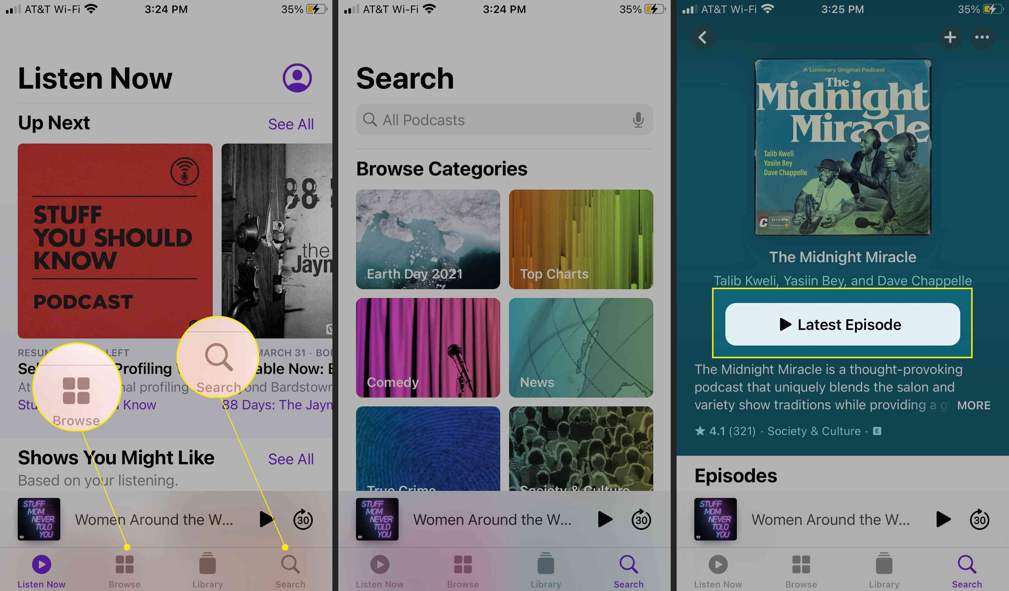 Apple Podcast iOS-app met Bladeren, Zoeken en Laatste aflevering gemarkeerd