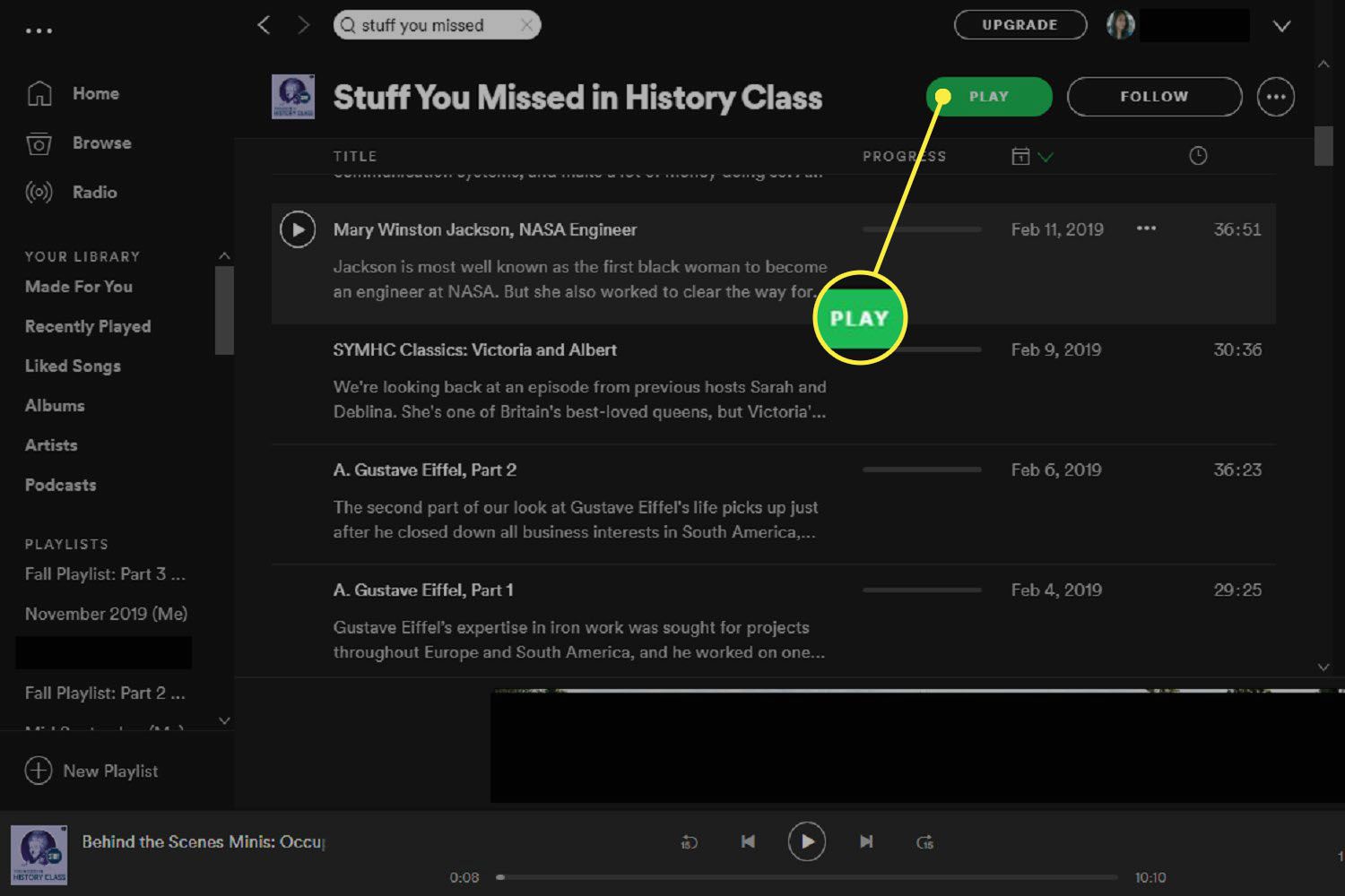 podcast's showpagina.  Dit laat ook zien hoe je een specifieke aflevering afspeelt in Spotify voor Windows.