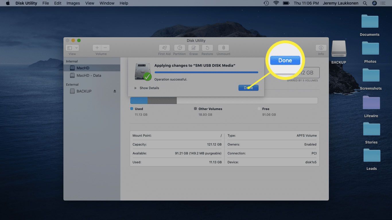 Een screenshot van een opnieuw gepartitioneerd USB-station op mac.