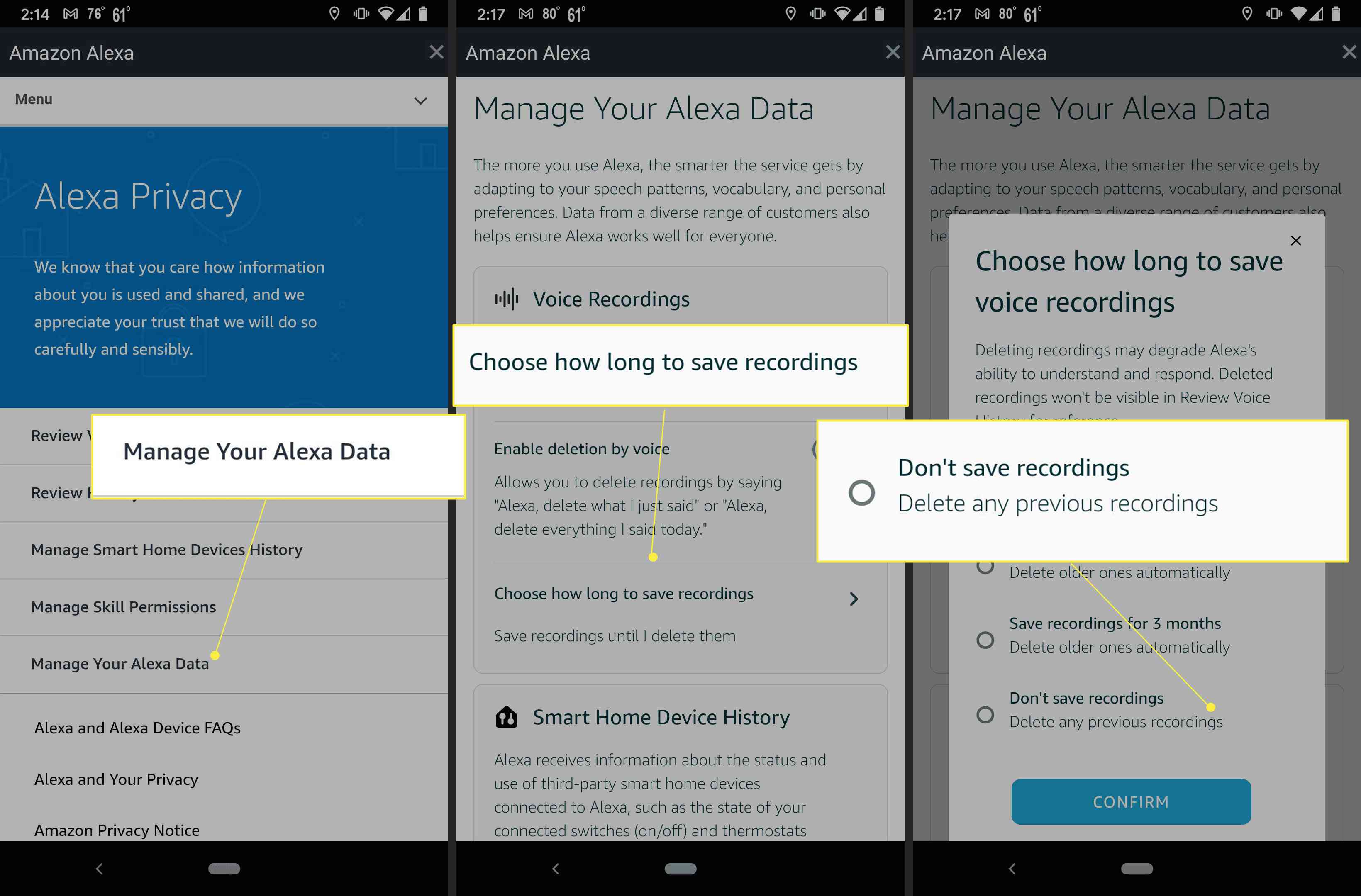 Alexa-app-instellingen met "Beheer uw Alexa-gegevens," "Kies hoe lang opnames moeten worden bewaard," en "Opnamen niet opslaan" gemarkeerd