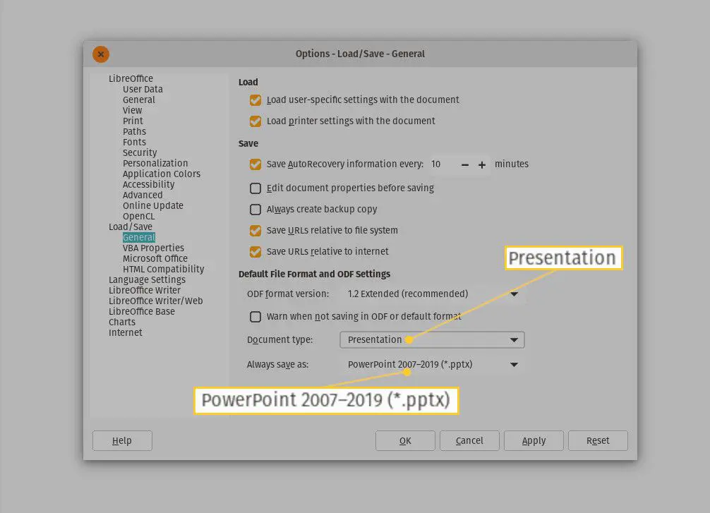 Schermafbeelding van het instellen van de LibreOffice-presentatiestandaard.