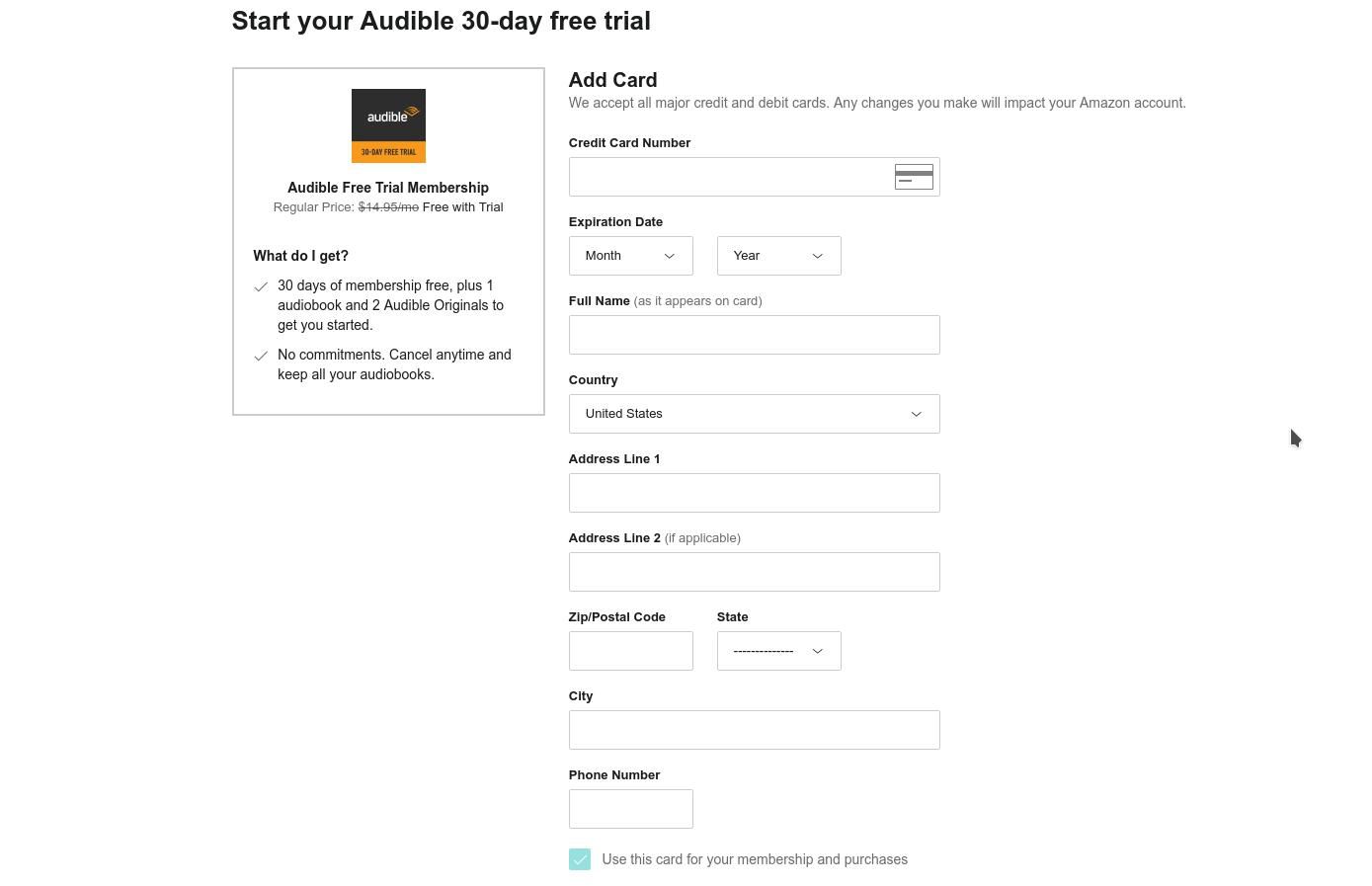 Voeg een betaalmethode toe aan je Amazon-account om aan de slag te gaan met Audible.