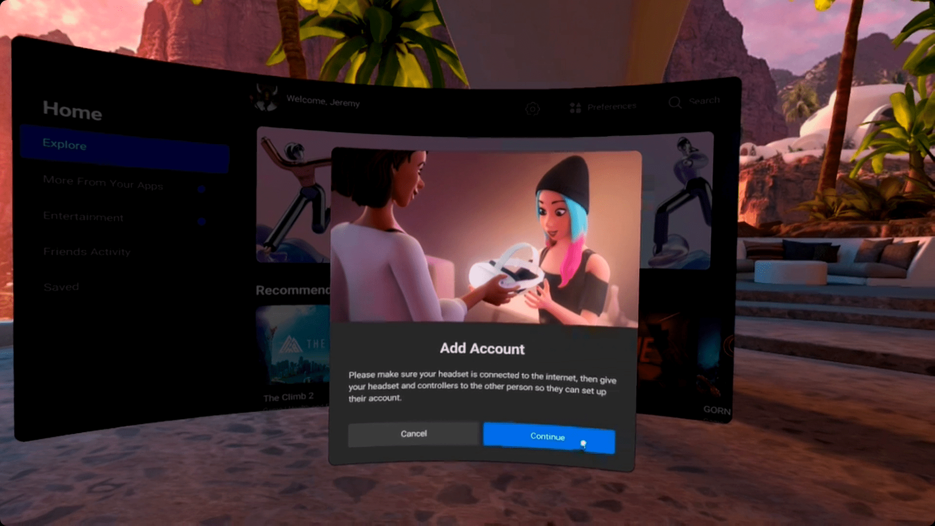 Doorgaan gemarkeerd in de pop-up voor het toevoegen van een account op Oculus Quest 2.