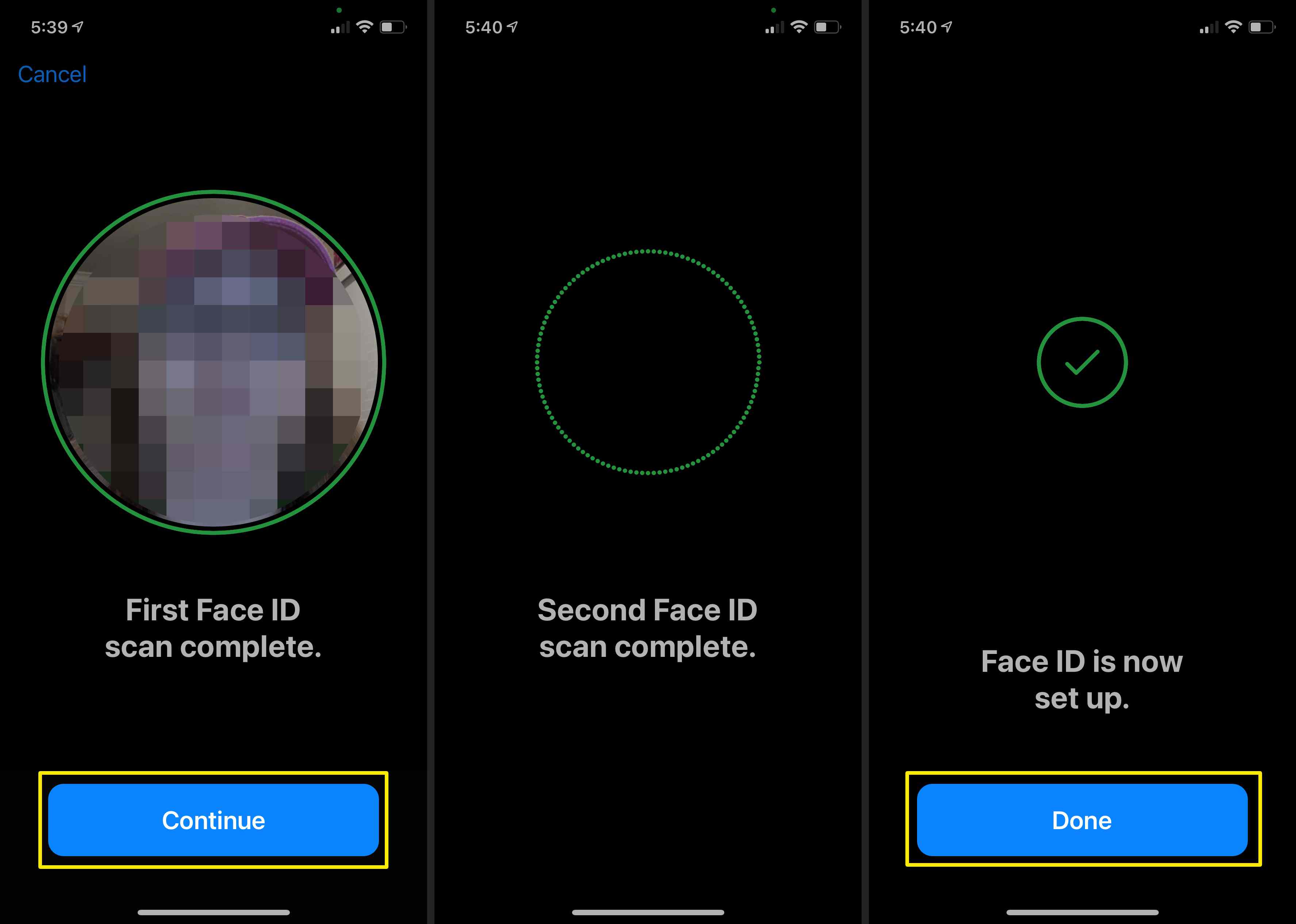 Schermafbeeldingen van het voltooien van de gezichtsscan voor een alternatieve weergave op de iPhone.