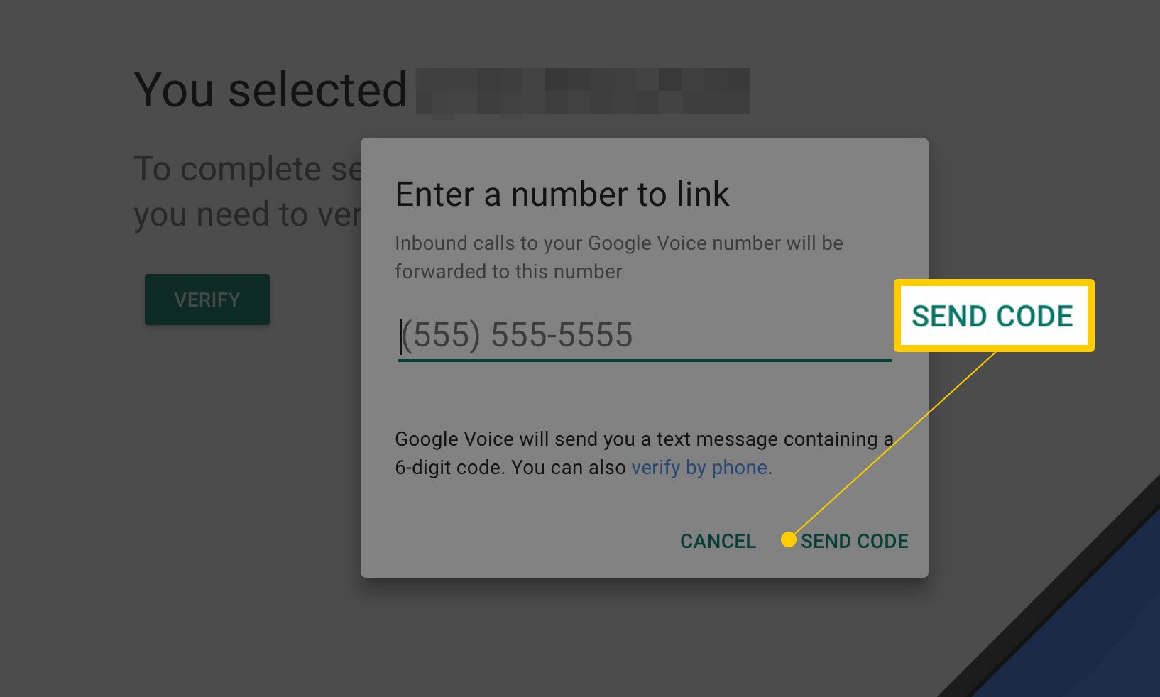 Knop Code verzenden in instellingenpagina's van Google Voice
