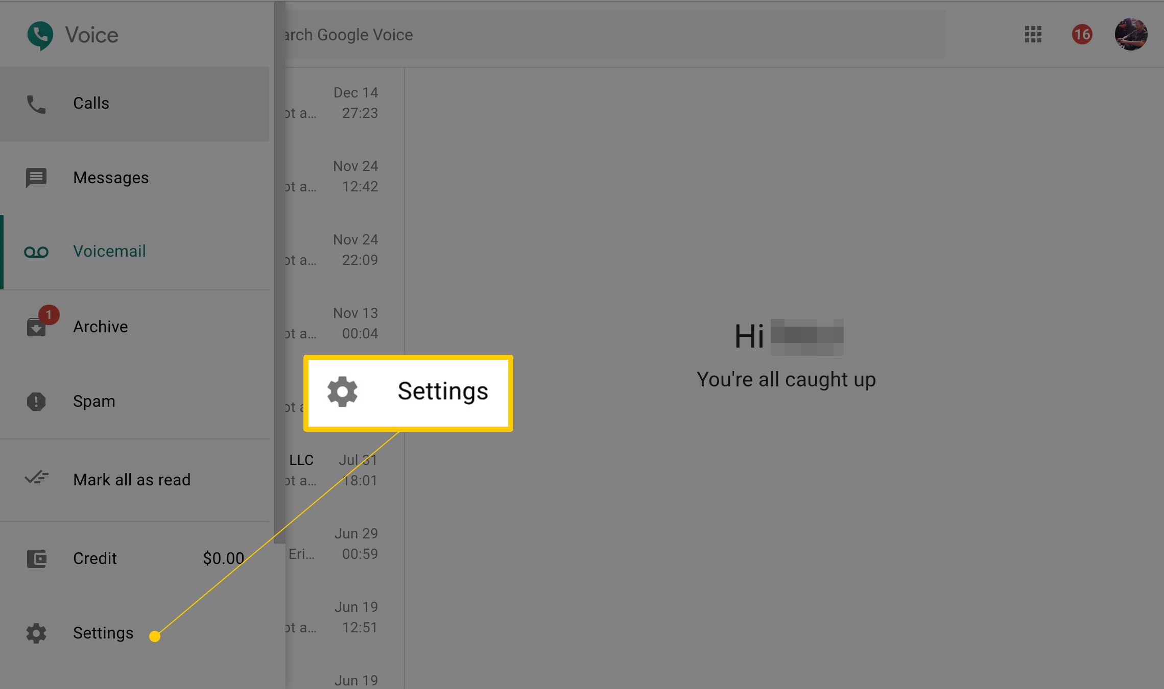 Instellingen in het Google Voice-menu