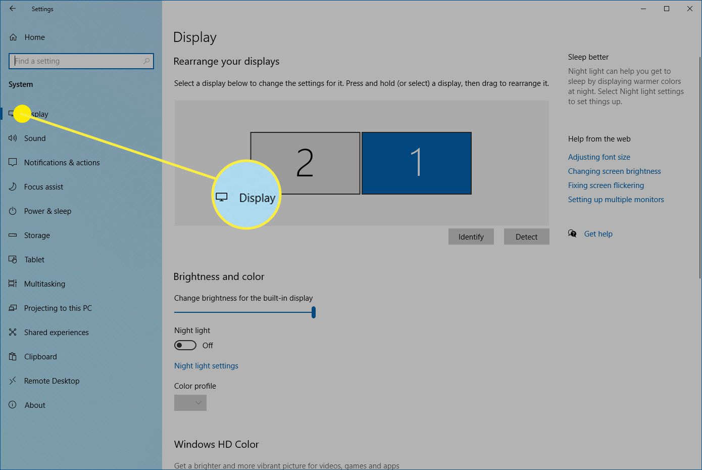 De weergaveoptie in Systeem in Windows 10-instellingen.