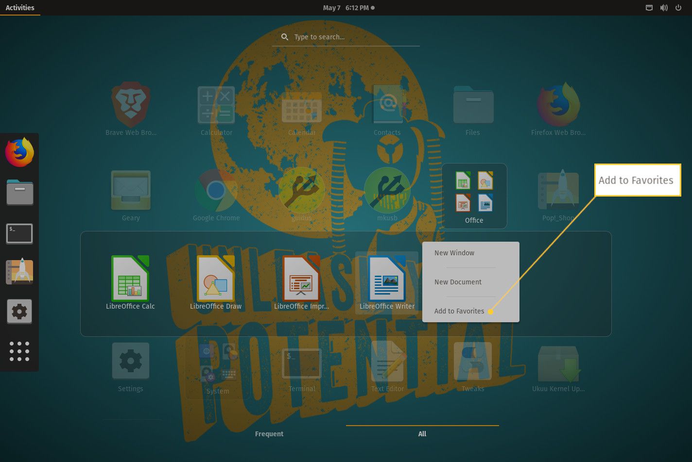 GNOME op bureaubladscherm met LibreOffice Writer als favoriet