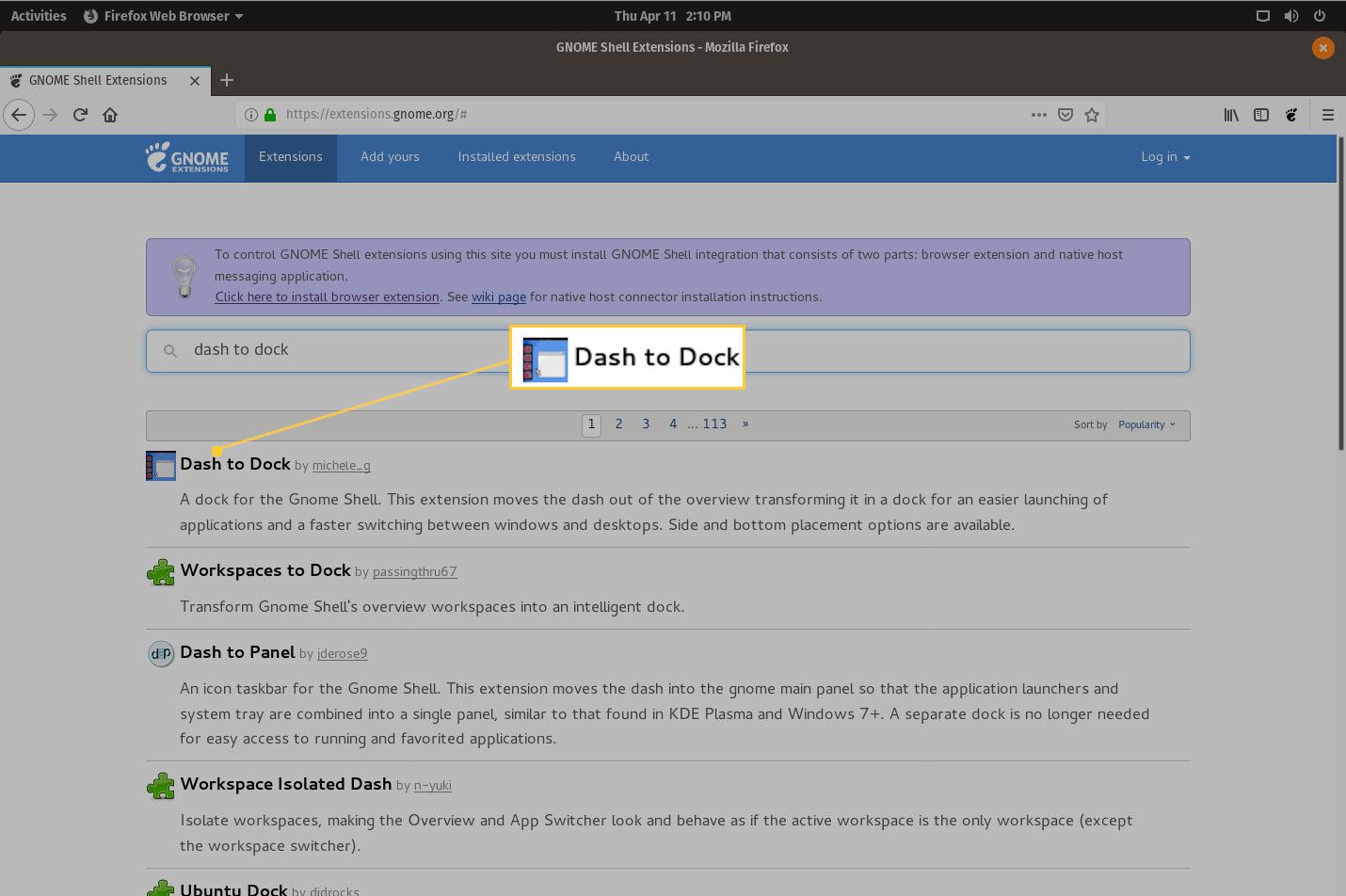 Dash to Dock installeren vanaf de GNOME-extensieswebsite