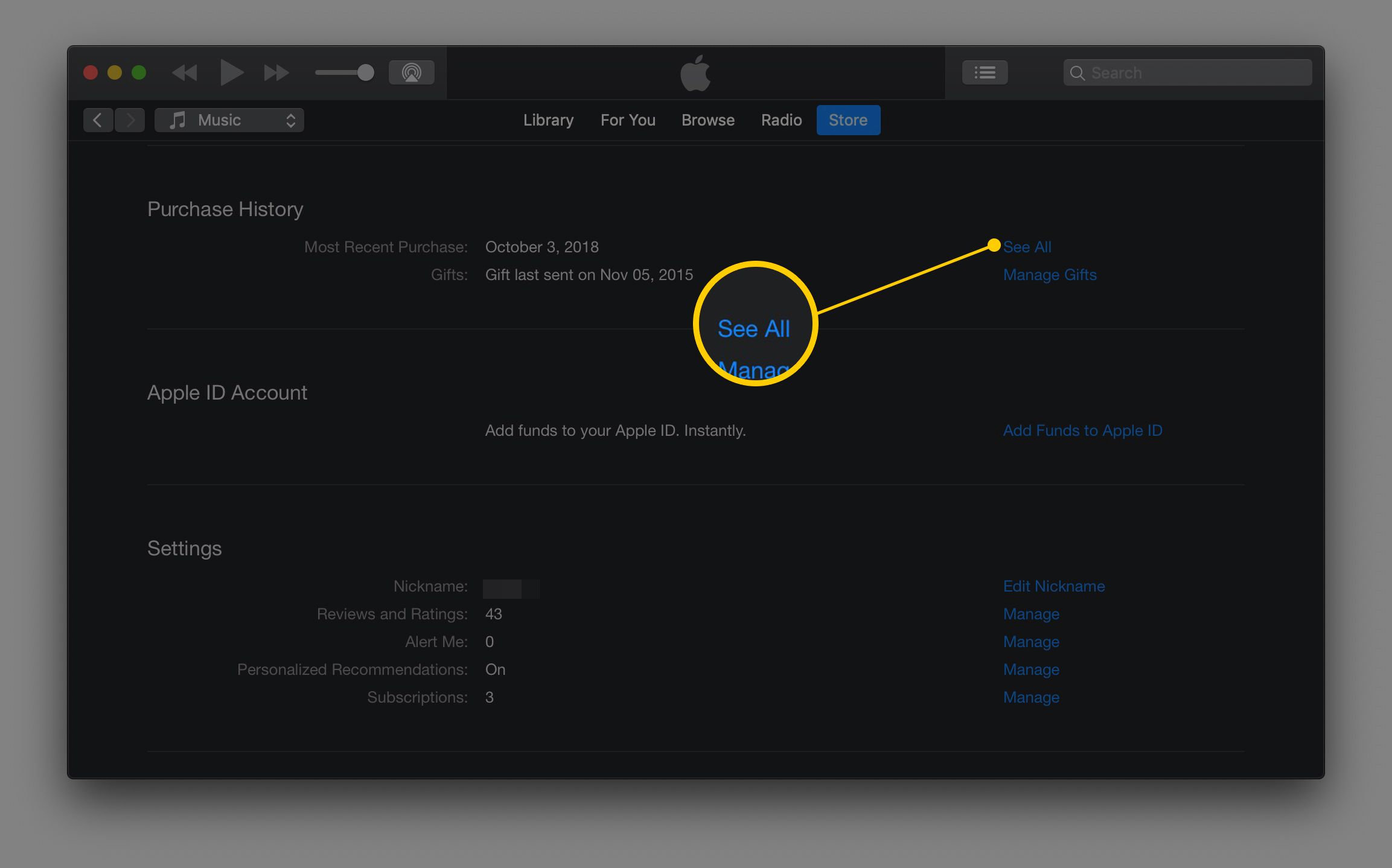 Zie Alle link in het gedeelte Aankoopgeschiedenis van iTunes via macOS donkere modus