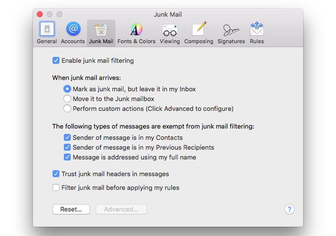 Apple Mail-voorkeuren voor ongewenste e-mail