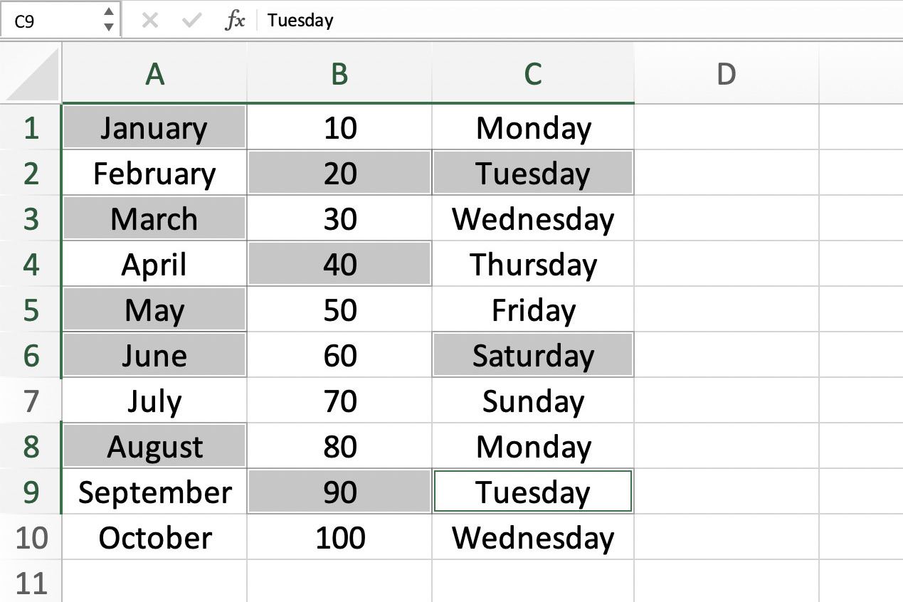 Screenshot van Excel met het selecteren van cellen met toetsenbord en muis