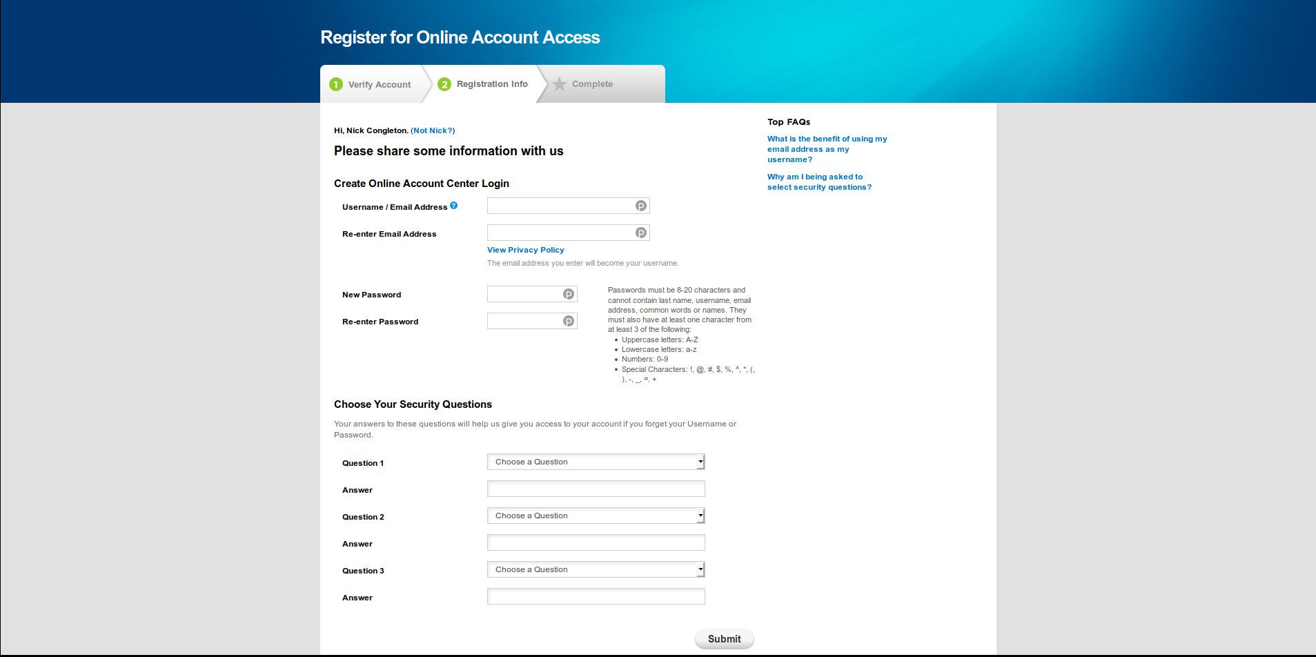 Online accountconfiguratiepagina voor SiriusXM.