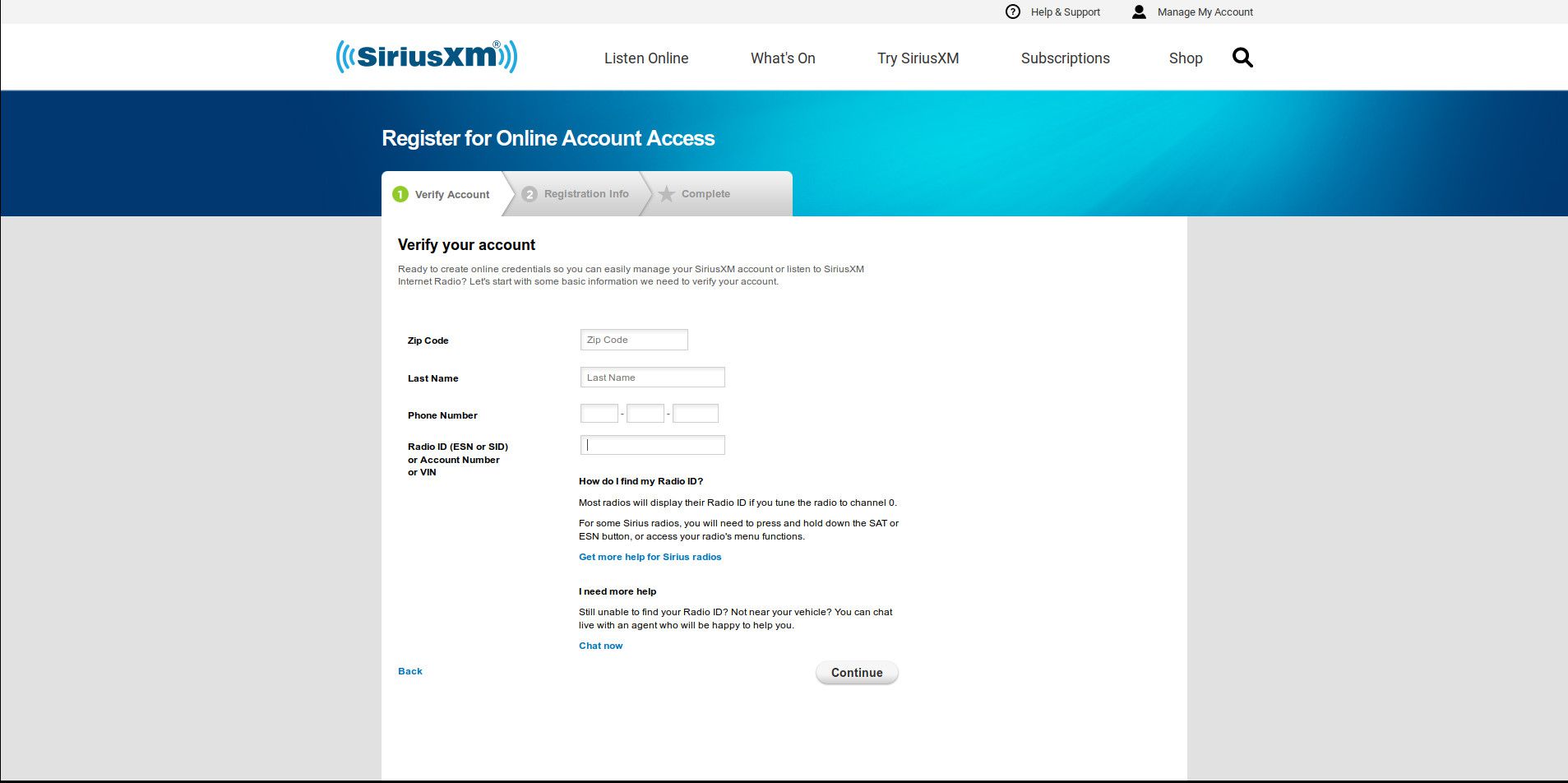 Accountverificatiepagina voor SiriusXM.