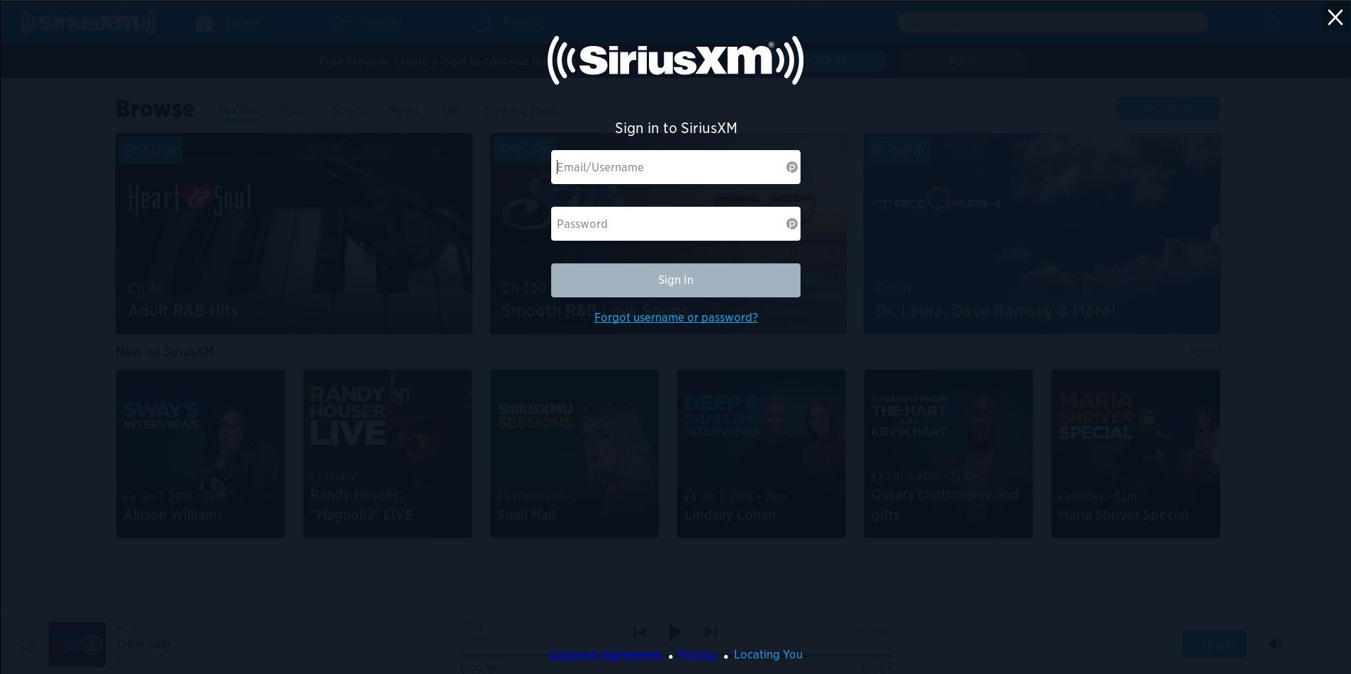 SiriusXM-aanmeldingspagina voor streaming-account.