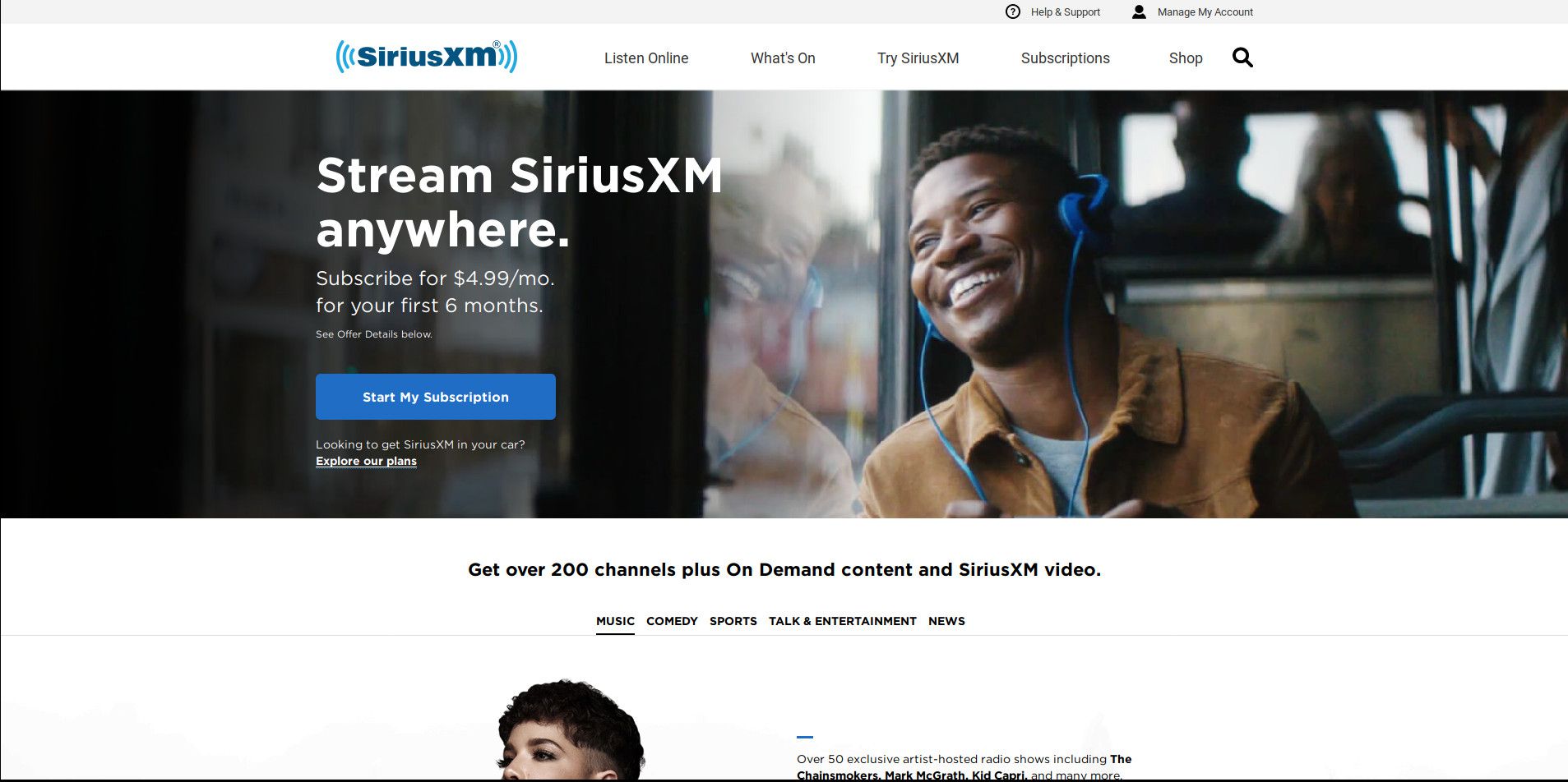 SiriusXM "Start mijn abonnement" pagina.