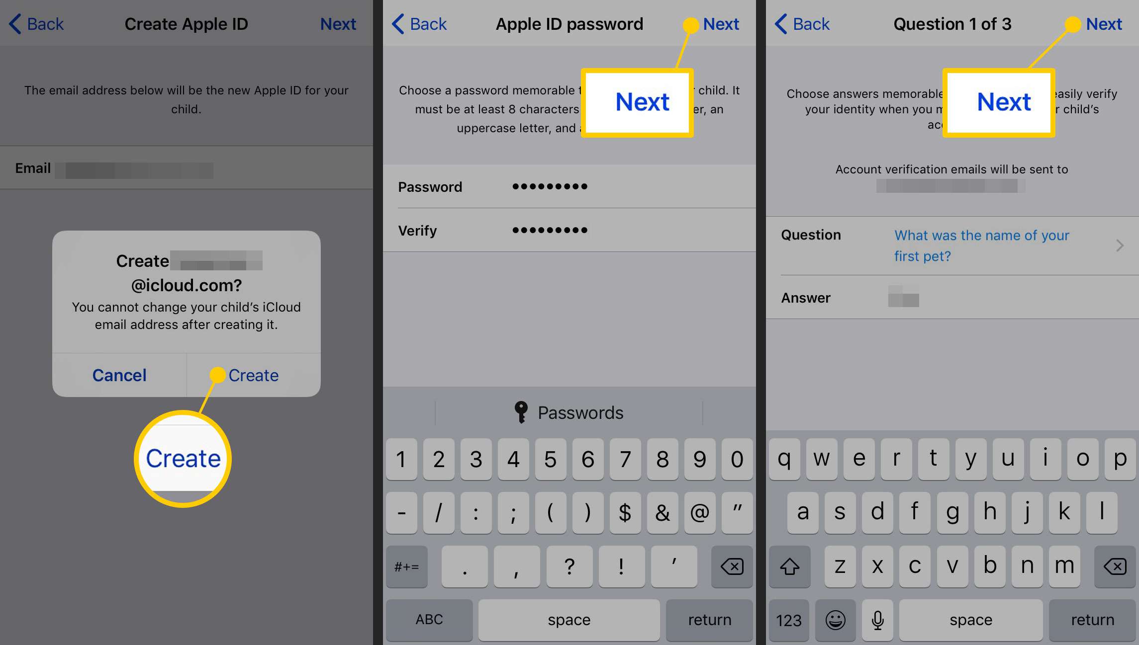 Apple ID bevestigen en vervolgens een wachtwoord en beveiligingsvragen instellen