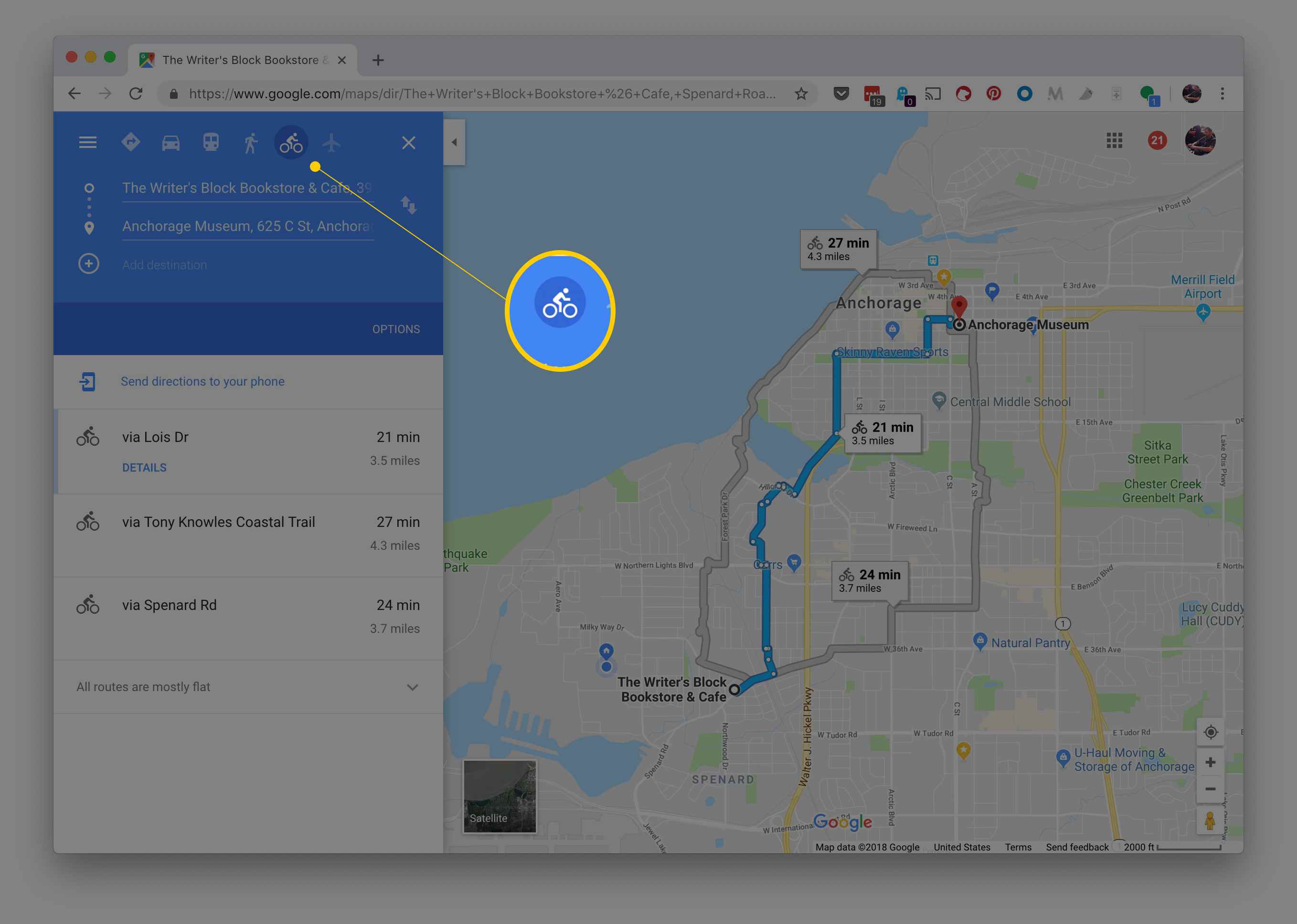 De fietsroute-knop in Google Maps