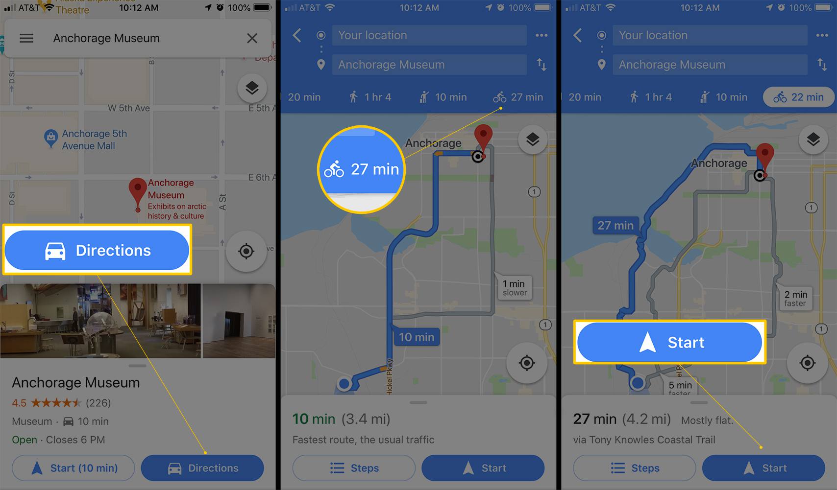 Drie iOS-schermen met de knoppen Routebeschrijving, Fiets en Start in Google Maps