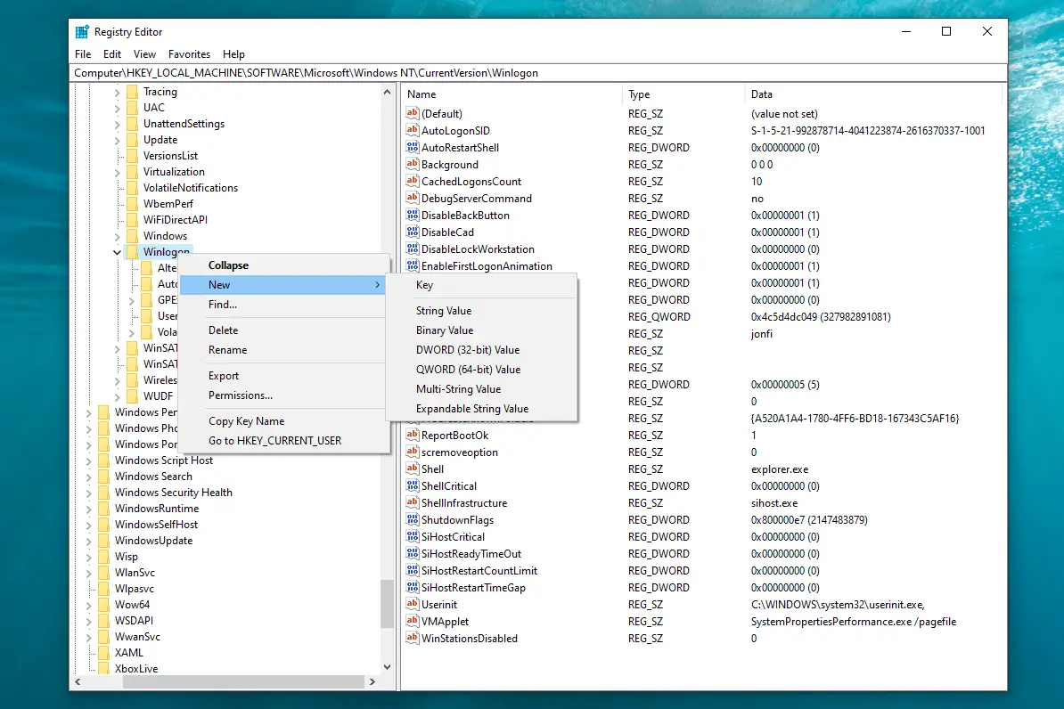 Register-editor nieuw menu in Windows 10