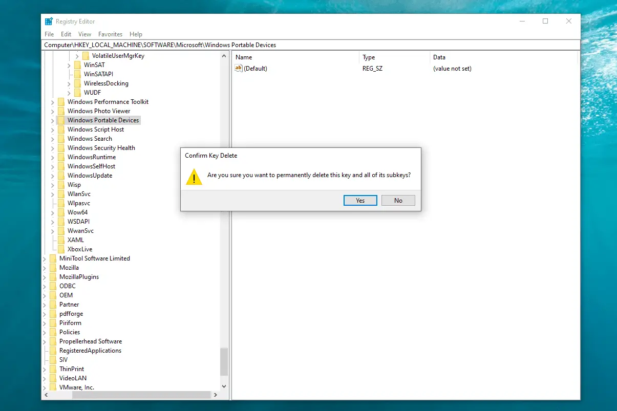 Bevestig de prompt voor het verwijderen van de sleutel in de Register-editor van Windows 10