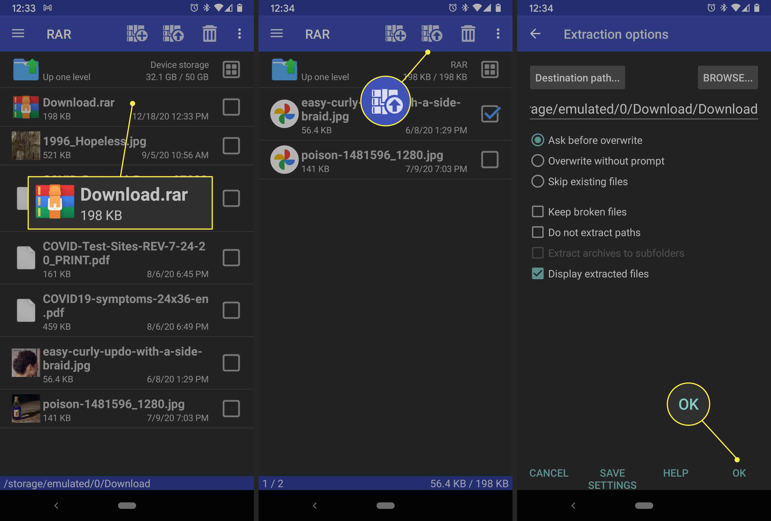 Een Android-gebruiker extraheert een .rar-bestand met behulp van de RAR-app