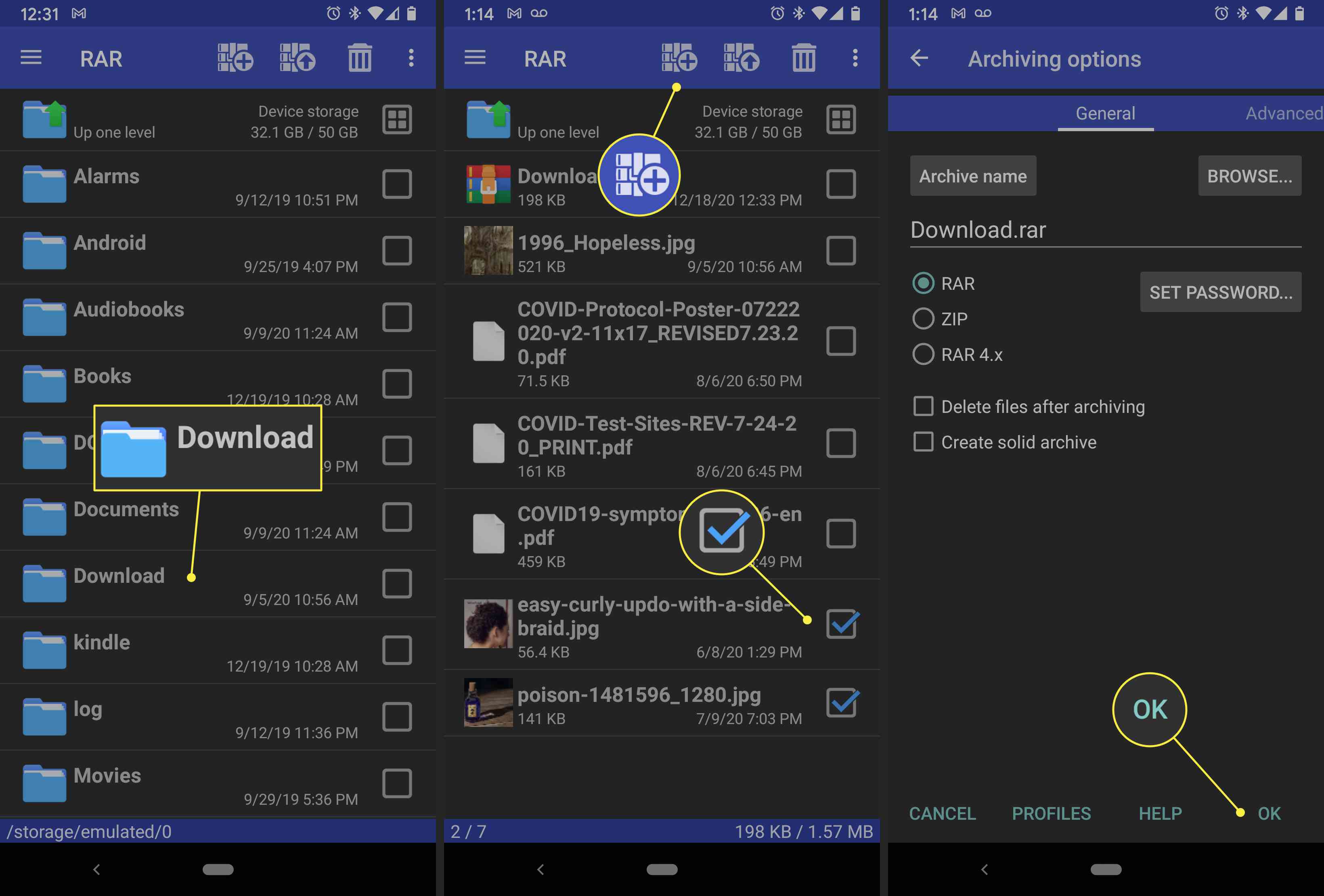 Een Android-gebruiker maakt een .rar-bestand met de RAR-app