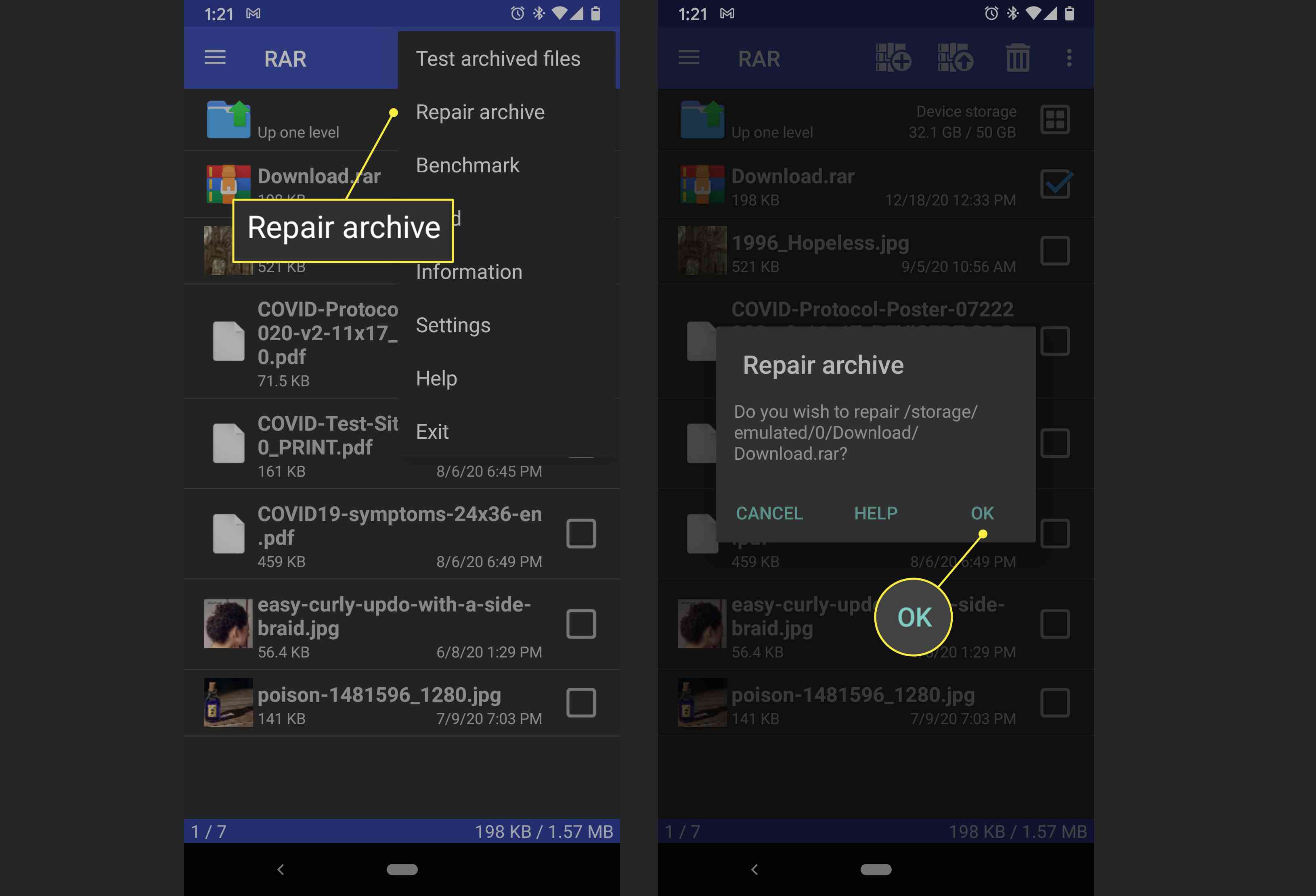 Een Android-gebruiker repareert een beschadigd .rar-bestand met de RAR-app