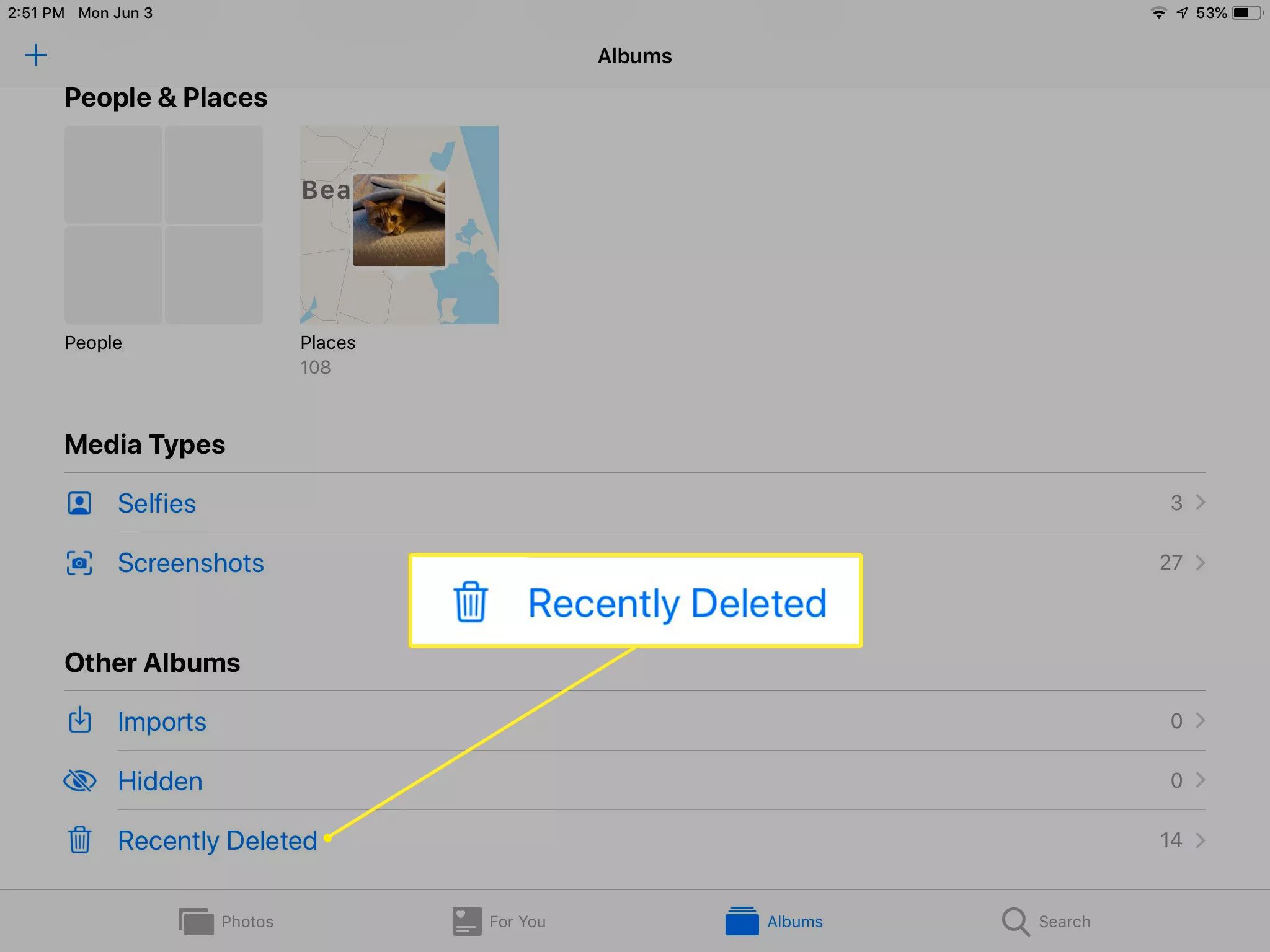 Knop 'Recent verwijderd' in Foto's op iPad