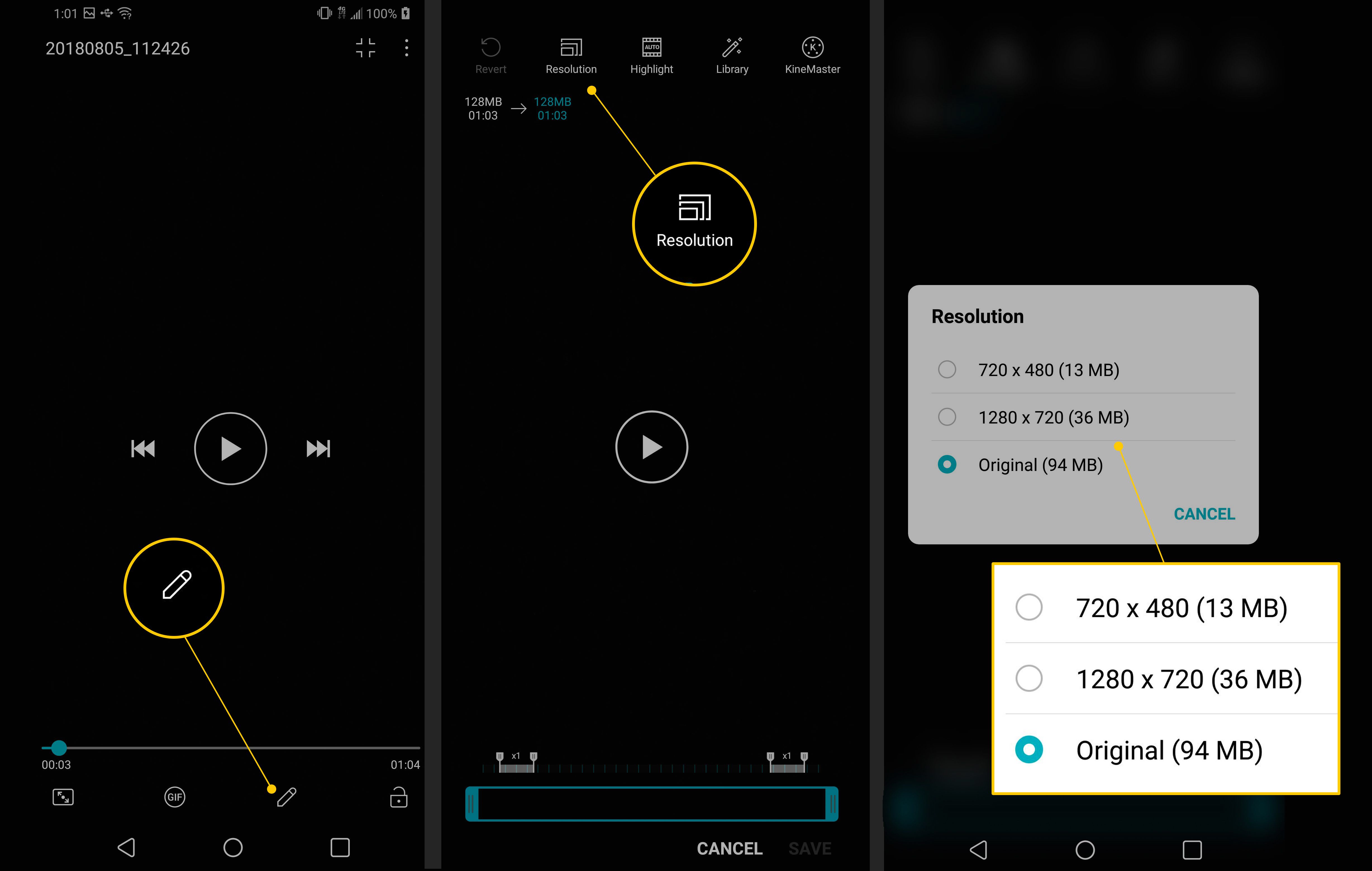 Drie Android-schermen met de knoppen Bewerken, Resolutie en Opties