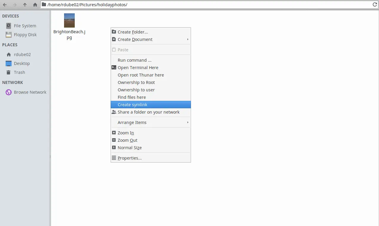 Screenshot van het maken van een symbolische link in Thunar File Manager