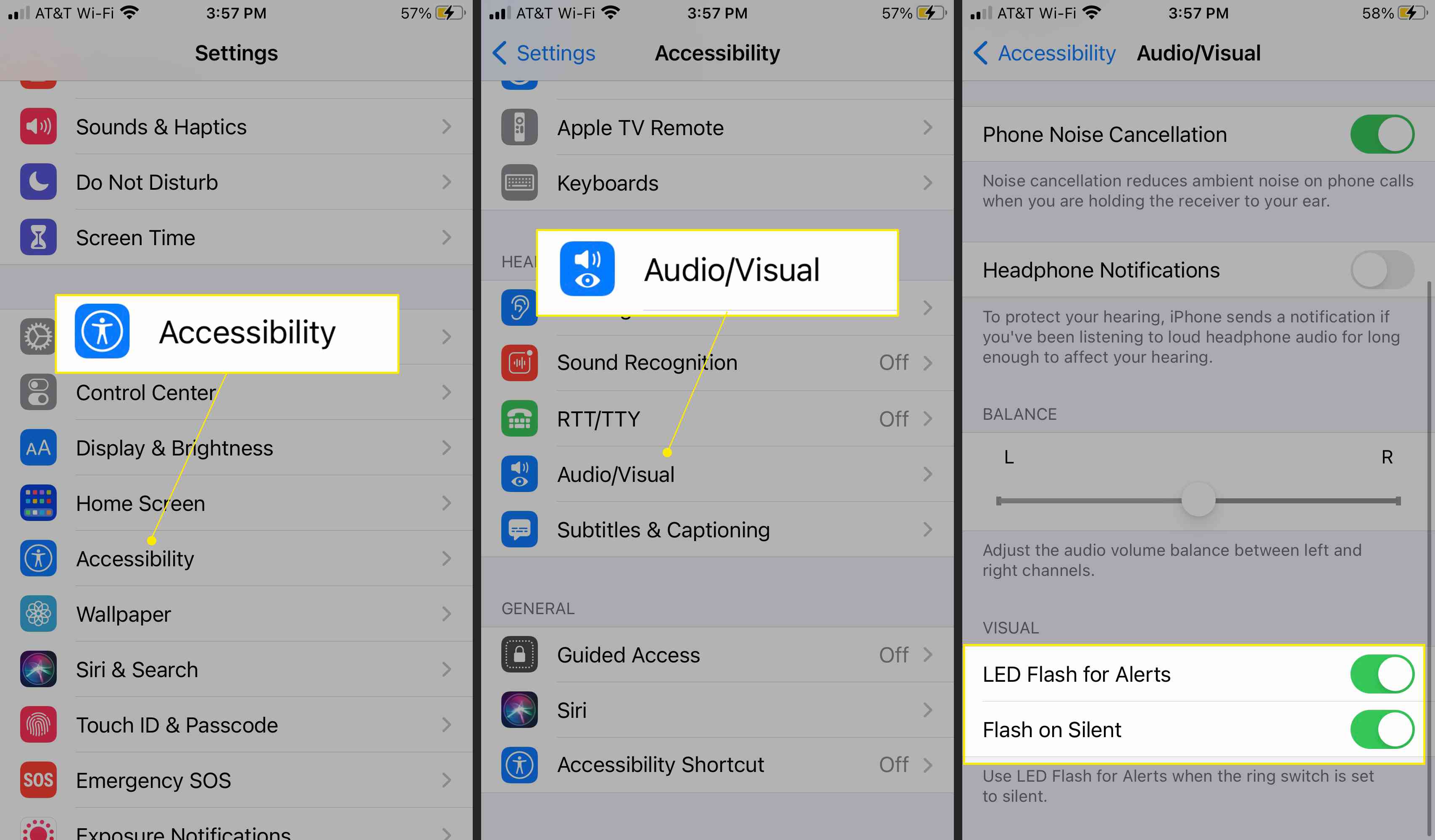 iOS-instellingen met Toegankelijkheid, Audio/Visueel en LED-flitser voor waarschuwingen gemarkeerd