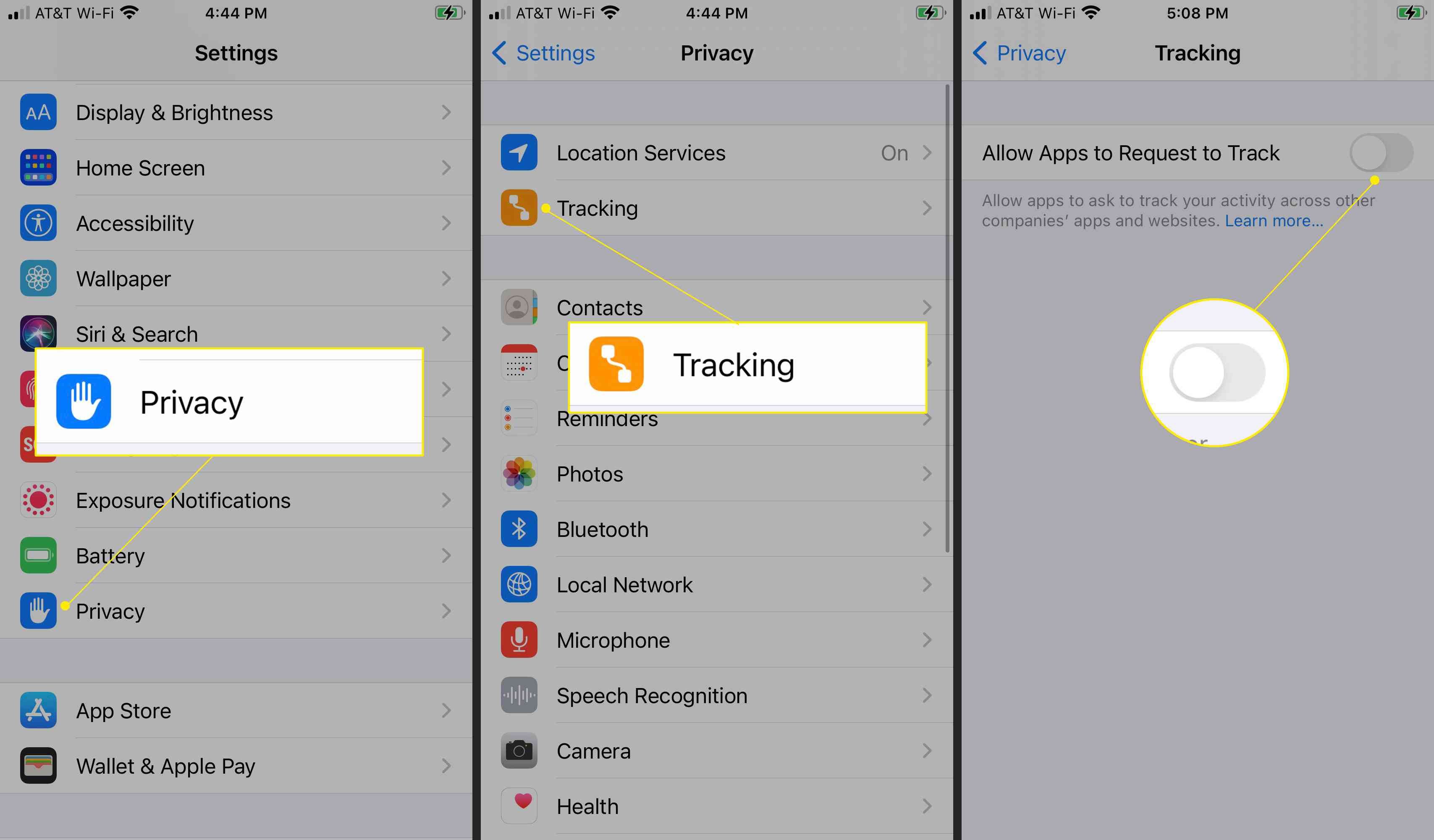 iOS-instellingen met Privacy en Tracking gemarkeerd en de optie 
