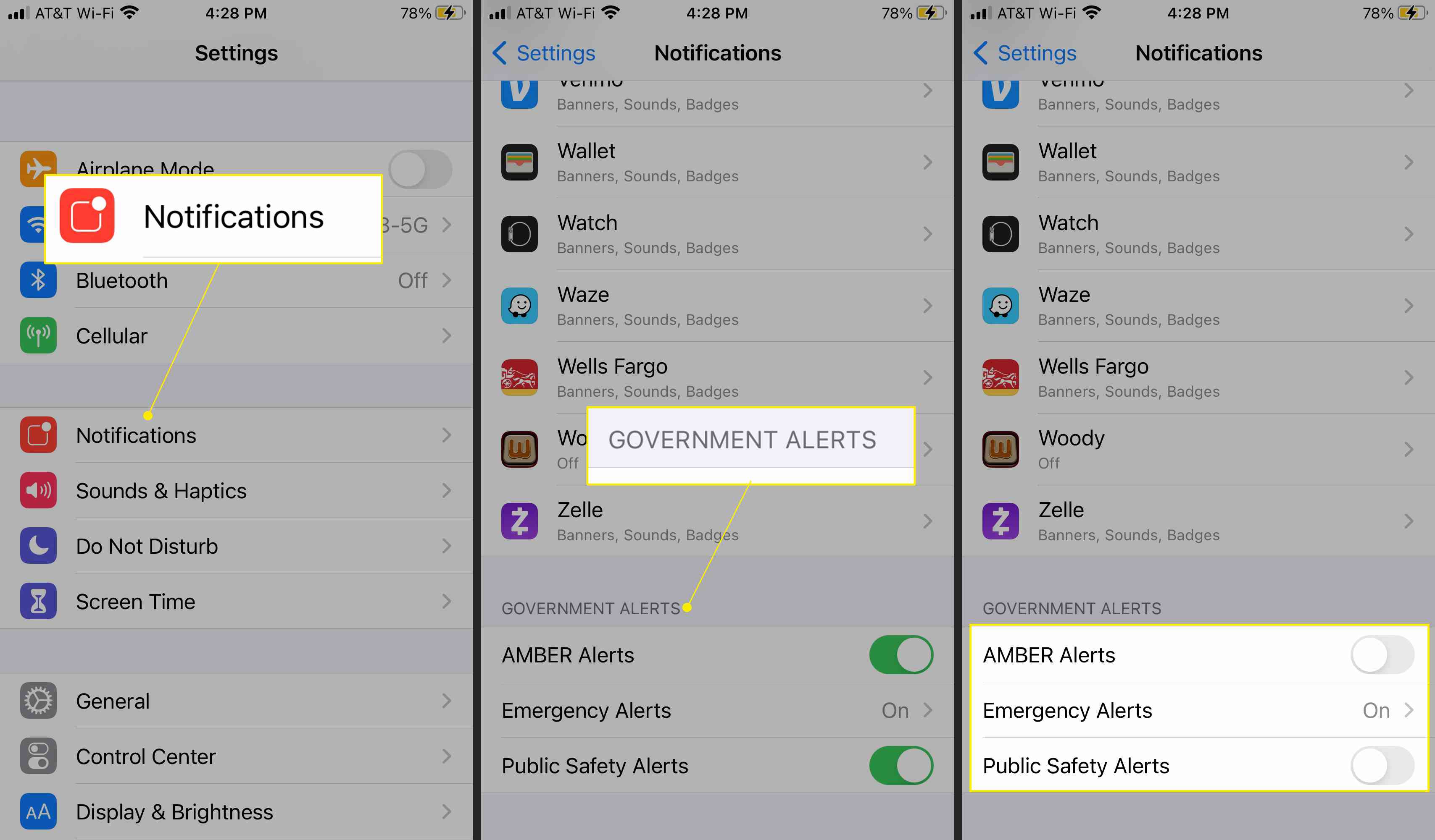 iOS-instellingen met meldingen en overheidswaarschuwingen gemarkeerd