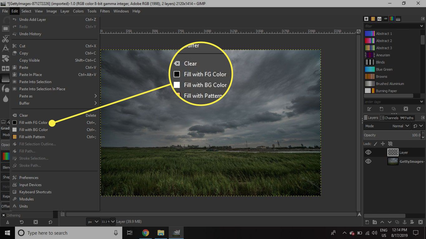 Een screenshot van GIMP met de opdracht Vullen met FG Color gemarkeerd