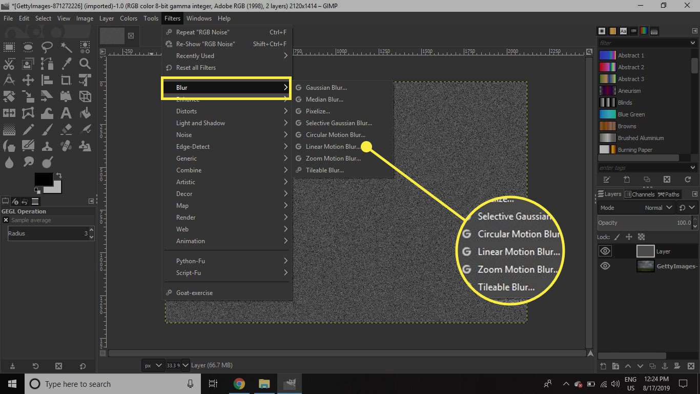 Een screenshot van GIMP met de optie Linear Motion Blur gemarkeerd