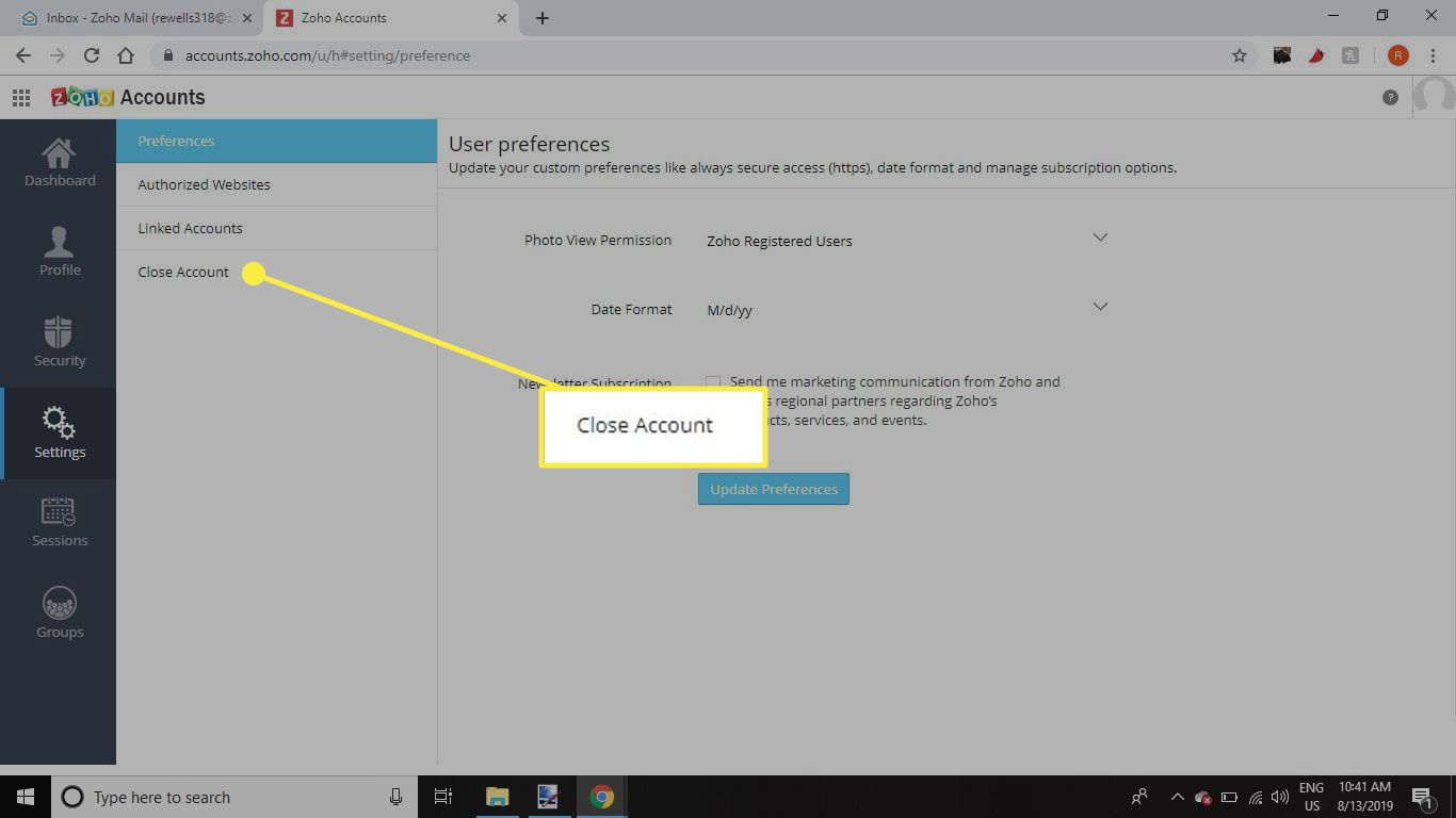 Een screenshot van het scherm Accountvoorkeuren in Zoho Mail met de knop Account sluiten gemarkeerd