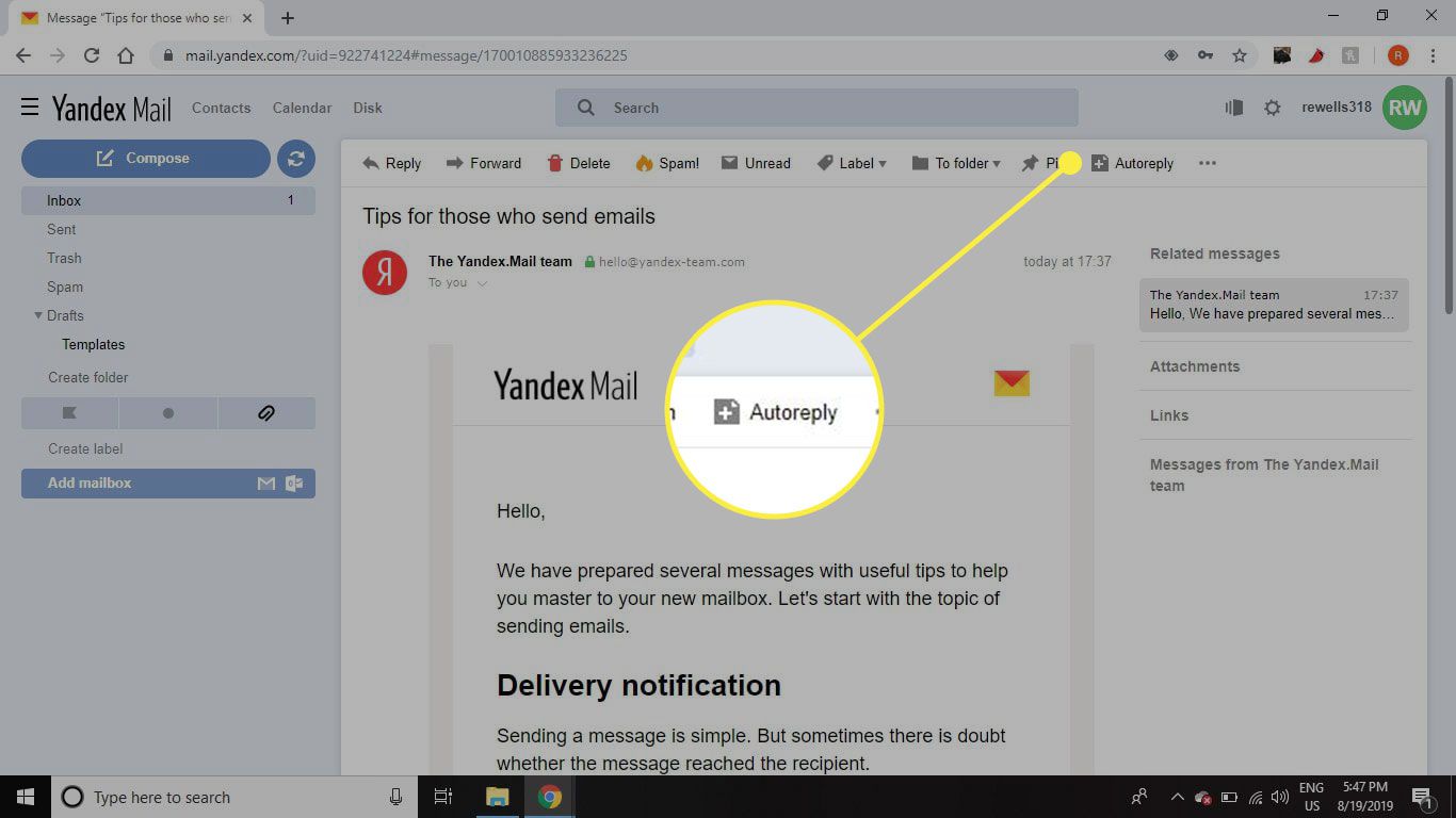 Een screenshot van een bericht in Yandex Mail met de Autoreply-knop gemarkeerd