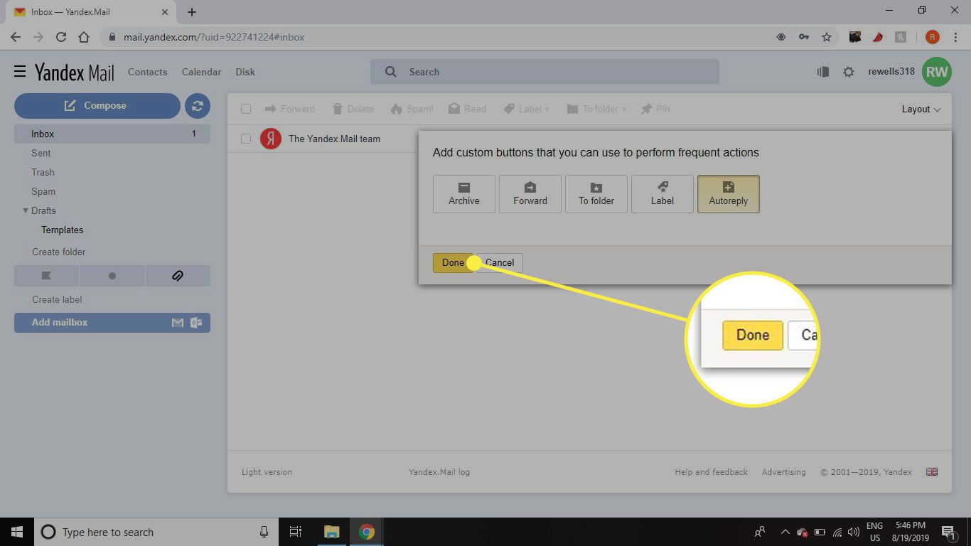 Een screenshot van Yandex Mail-instellingen met de knop Gereed gemarkeerd