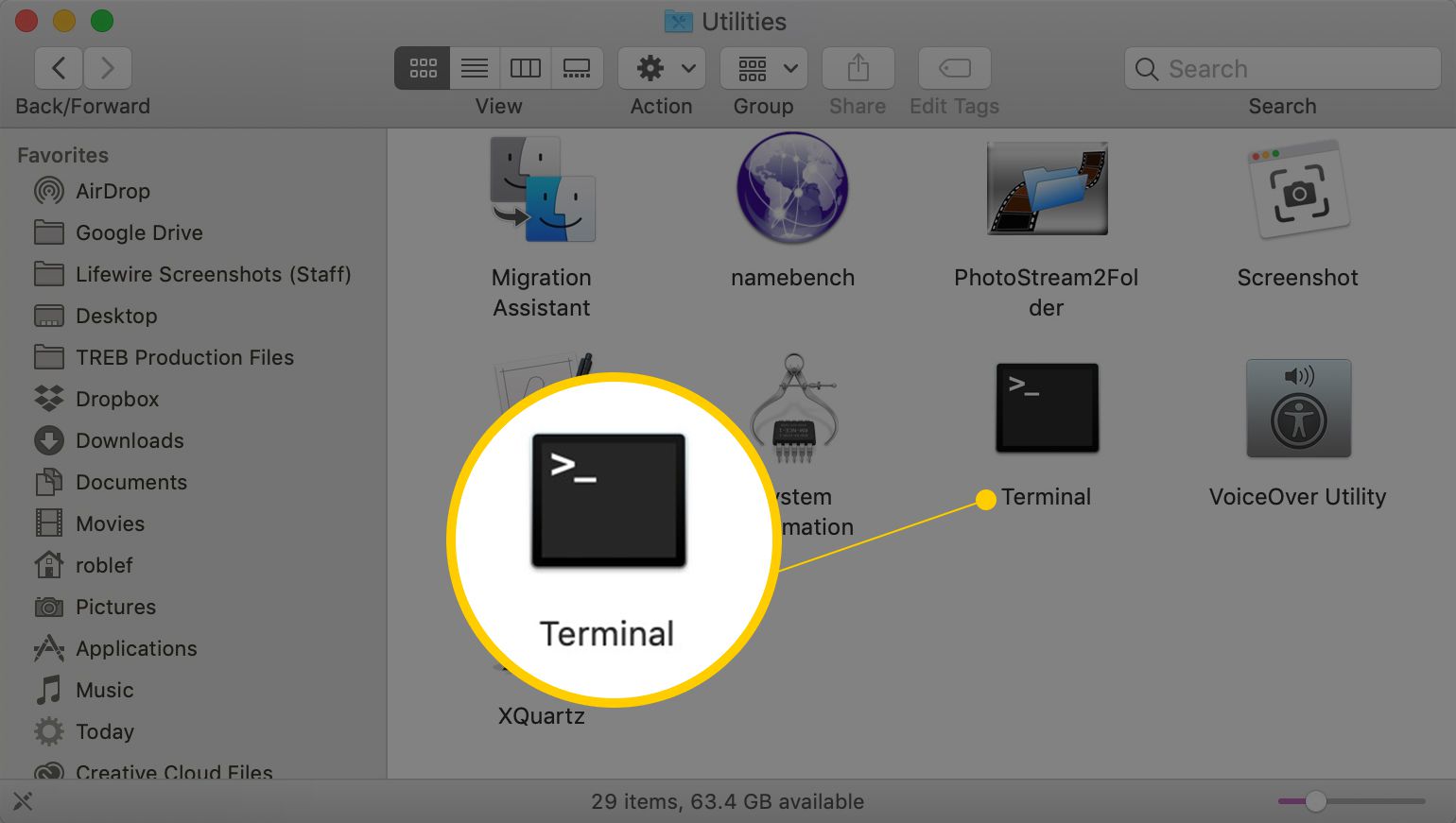 Terminal-applicatie in de map macOS Finder Utilities