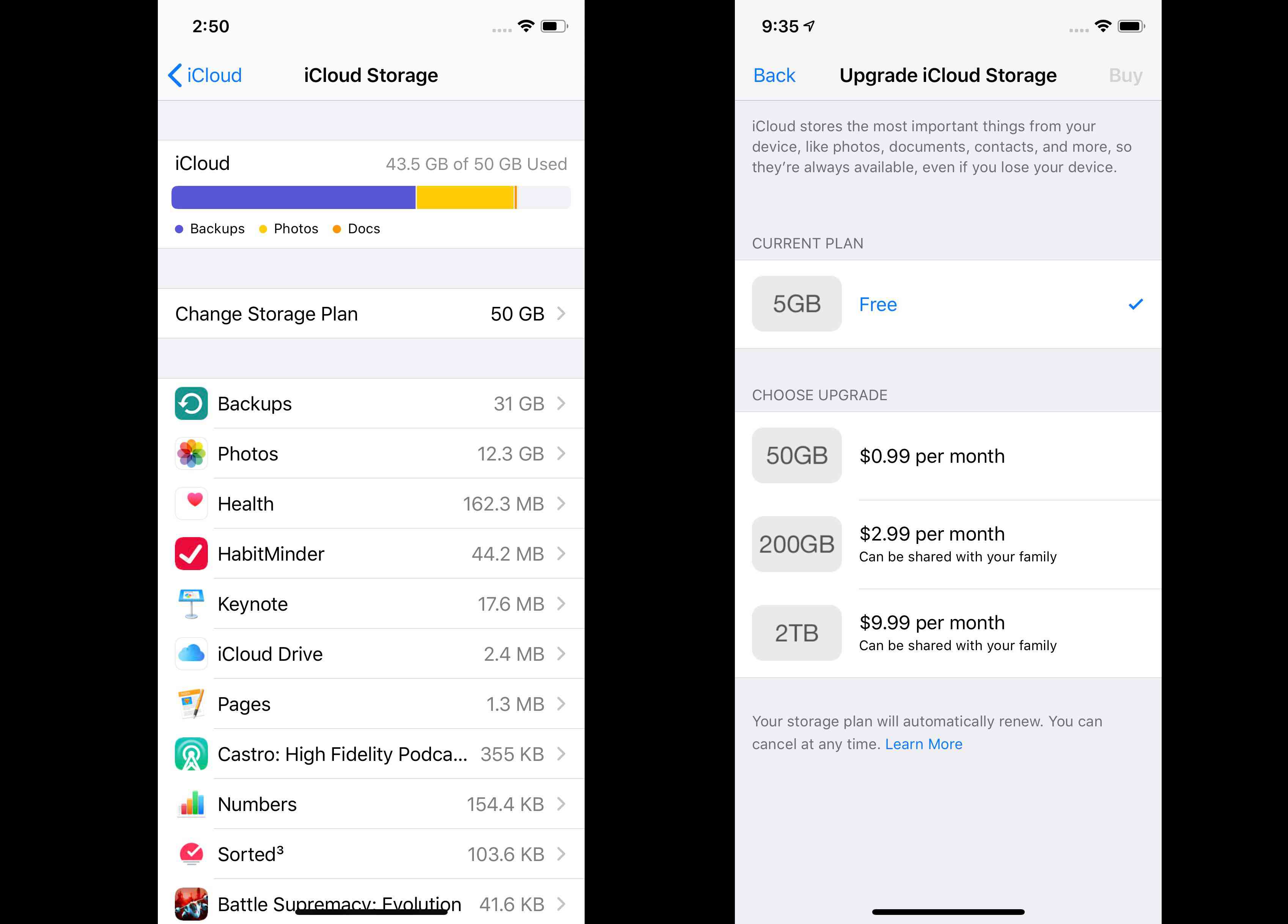 Schermafbeeldingen die laten zien hoe u iCloud-opslag op iPhone X kunt upgraden.