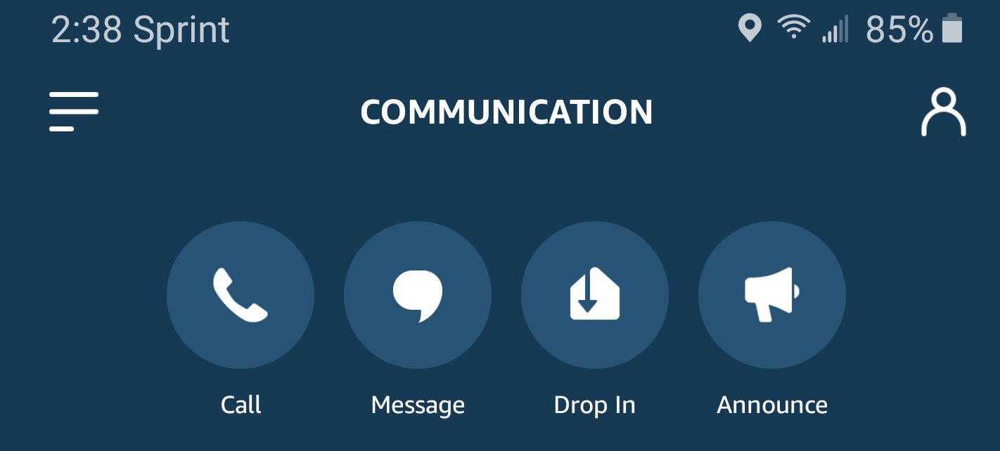 Het communicatiemenu van de Alexa-app.