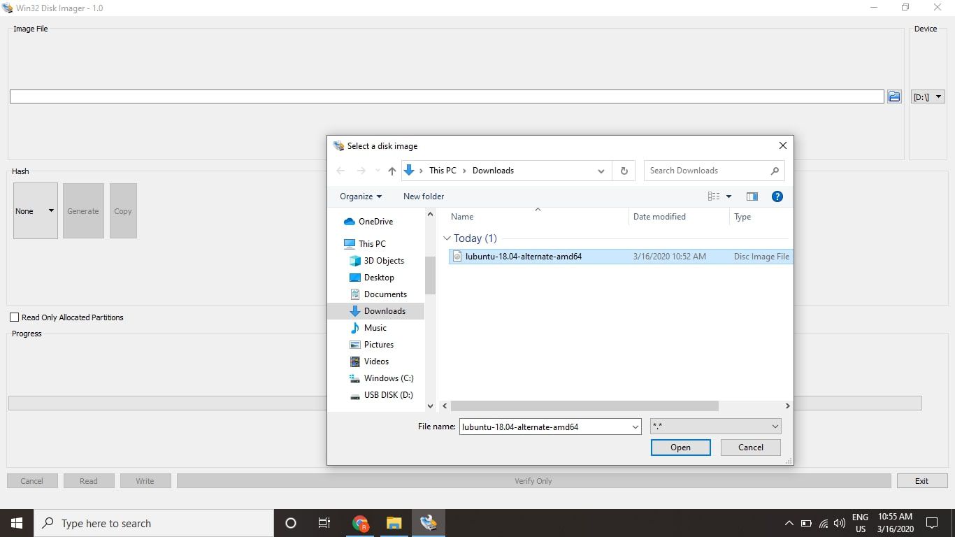 Selecteer de blauwe map in het gedeelte Afbeeldingsbestand om Windows Verkenner te openen en kies het Lubuntu ISO-bestand dat u hebt gedownload